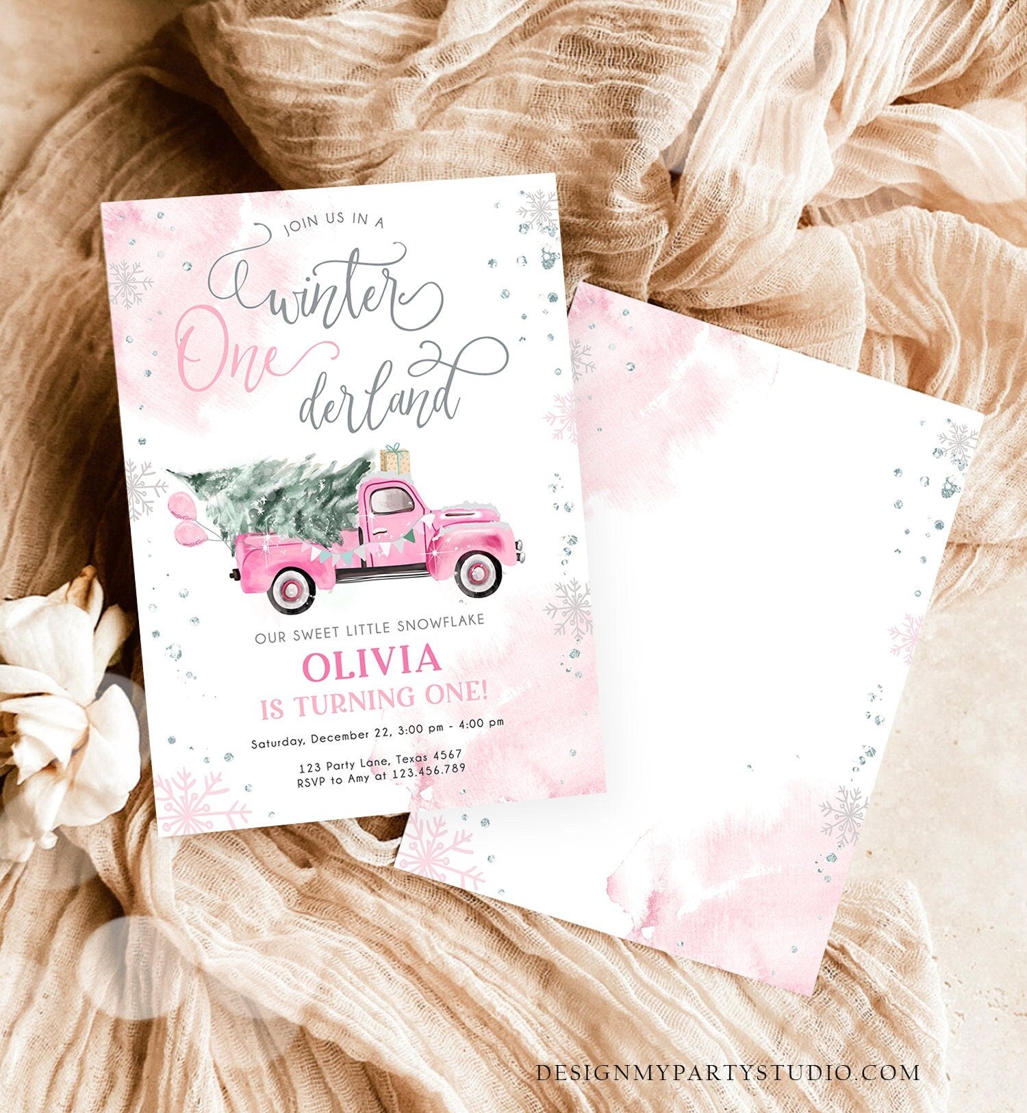 Editable Winter Onederland Winter First Birthday Invitation Christmas Winter Silver Pink Truck Girl Minimalist Template Printable 0495