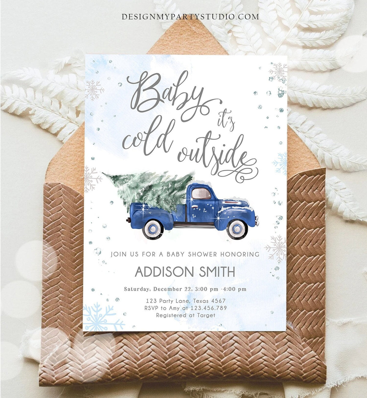 Editable Baby Its Cold Outside Baby Shower Invitation Winter Truck Blue Boy Baby Shower Silver Watercolor Digital Template Printable 0495