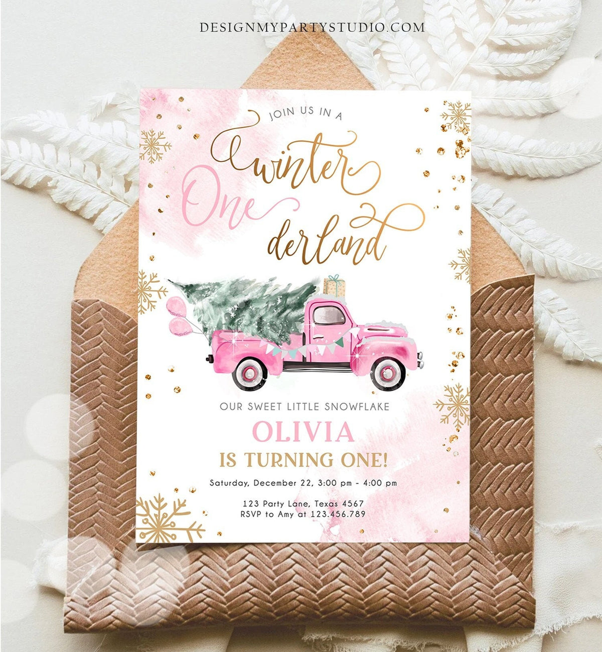 Editable Winter Onederland Winter First Birthday Invitation Christmas Winter Gold Pink Truck Girl Digital Download Template Printable 0495