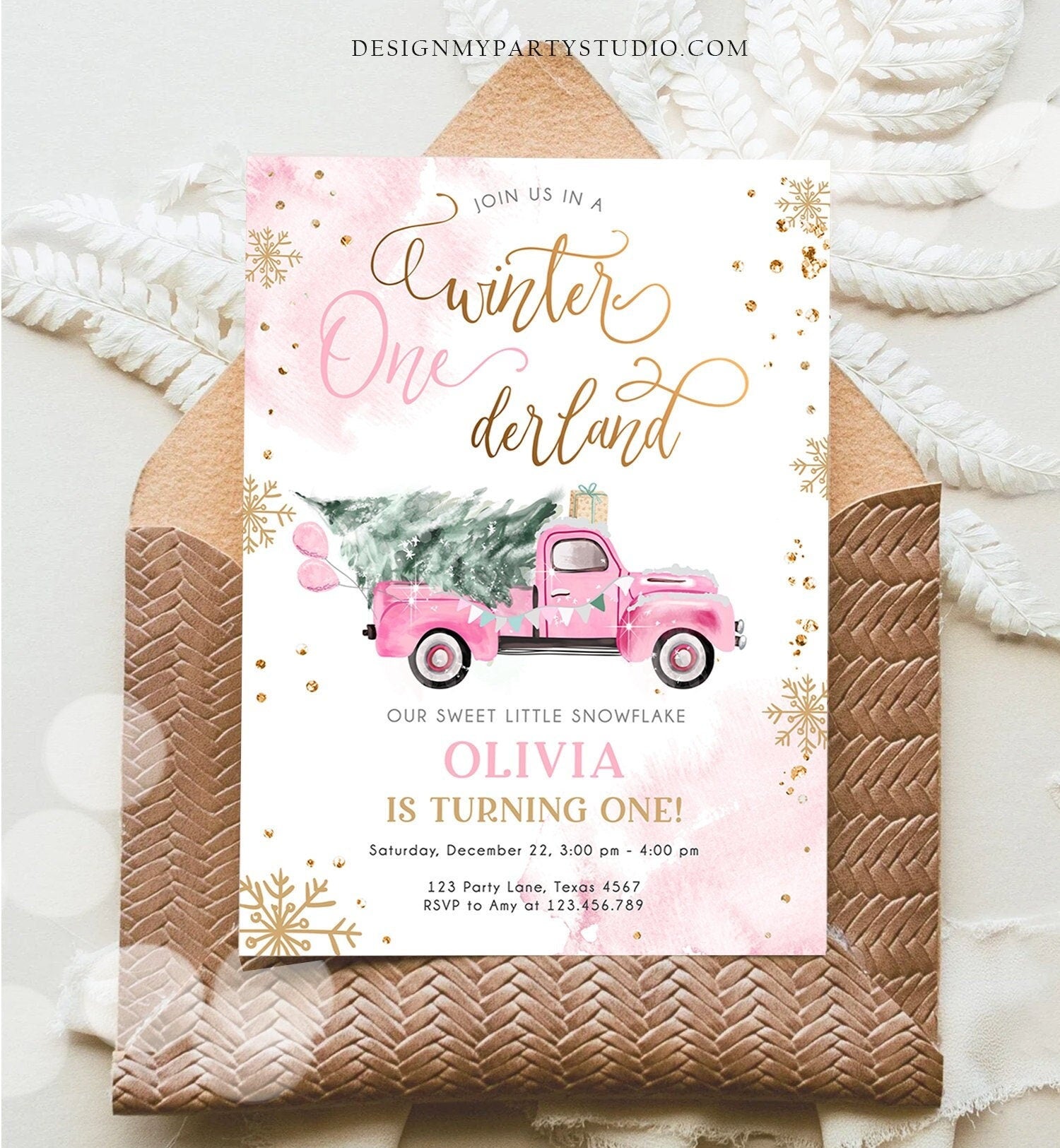 Editable Winter Onederland Winter First Birthday Invitation Christmas Winter Gold Pink Truck Girl Digital Download Template Printable 0495