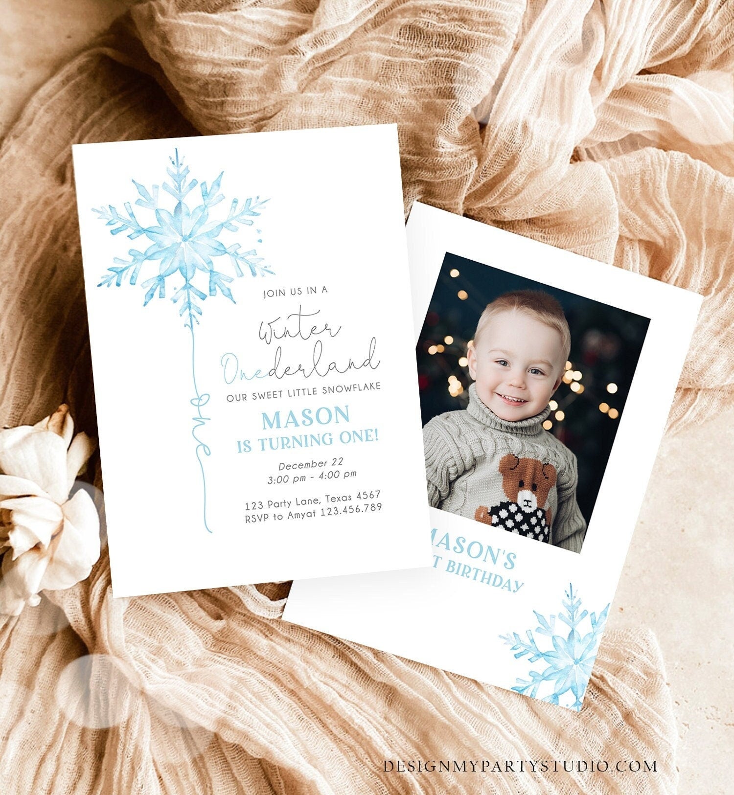 Editable Winter ONEderland Birthday Invitation First Birthday 1st Boy Blue Snowflake Watercolor Wonderland Digital Template Printable 0494