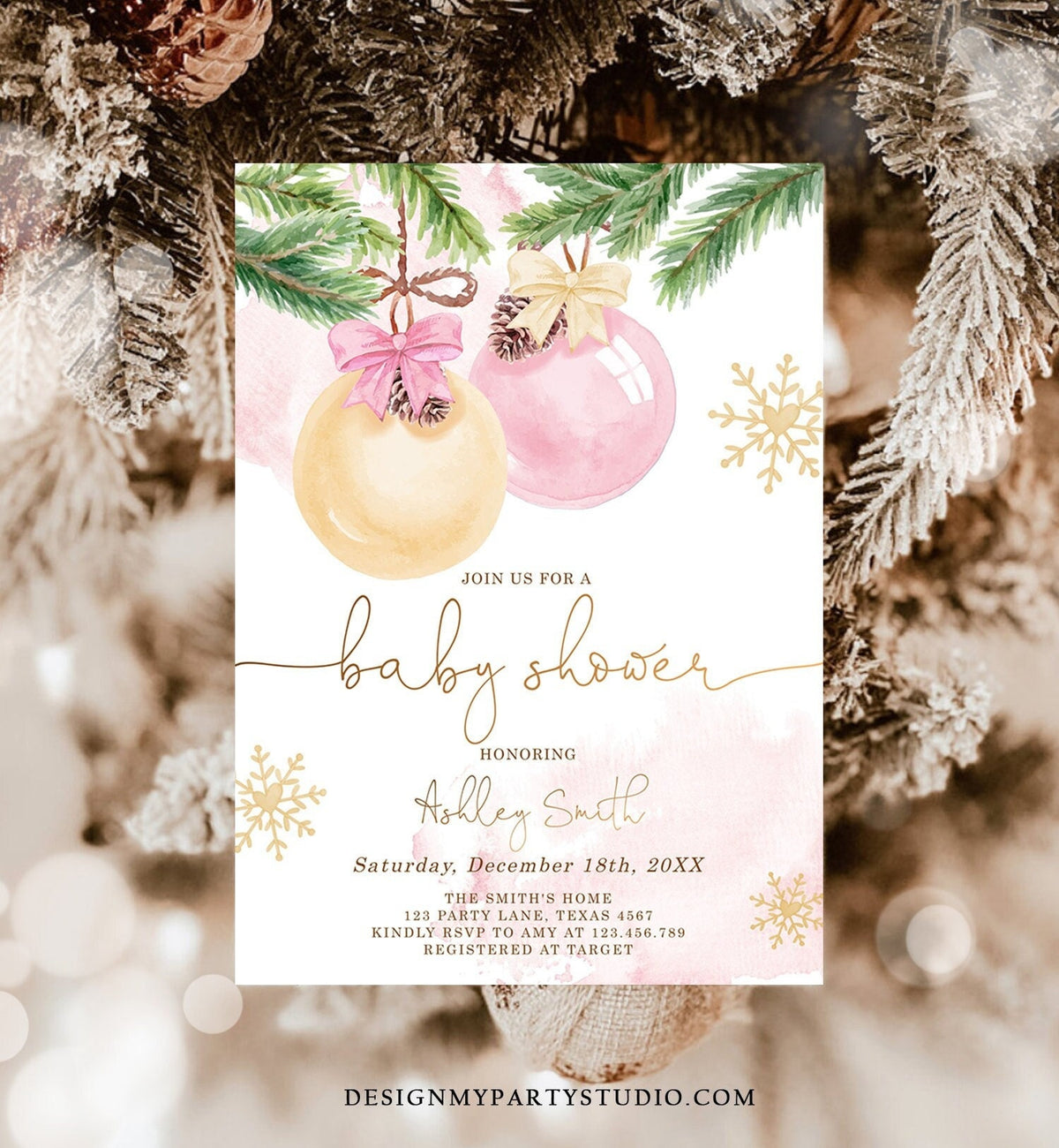 Editable Winter Baby Shower Invitation Baby It&#39;s Cold Outside Christmas Couples Girl Blush Pink Watercolor Digital Template Printable 0490