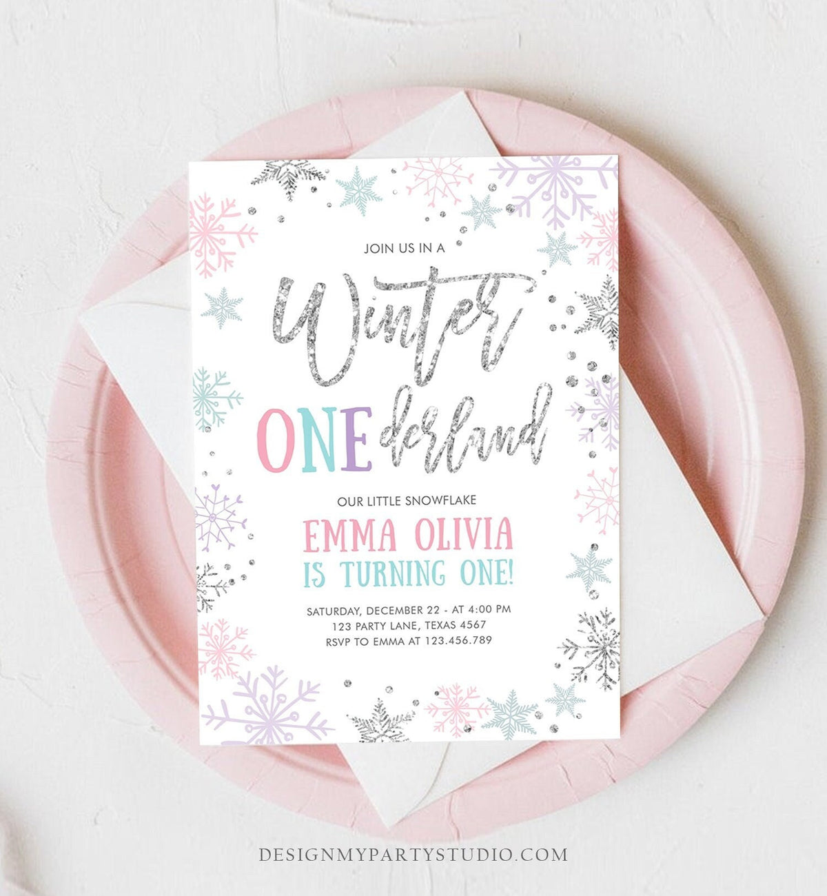 Editable Winter ONEderland Birthday Invitation First Birthday Snowflakes Pink Silver Purple Teal Ice Digital Evite Template Printable 0256