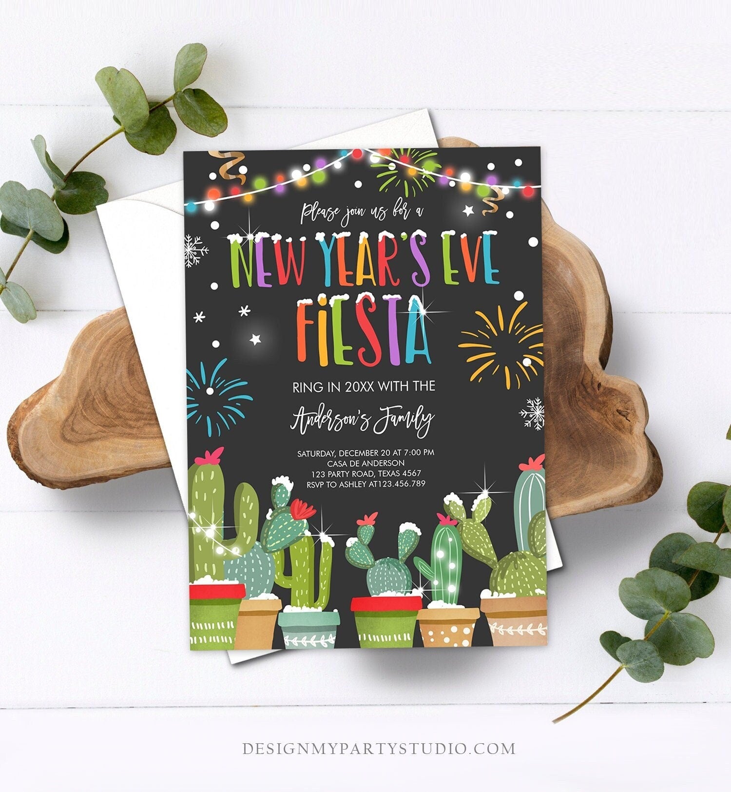 Editable New Years Eve Fiesta Invitation Cactus Mexican New Years Eve Invite Holiday Party New Year&#39;s Download Corjl Template Printable 0273