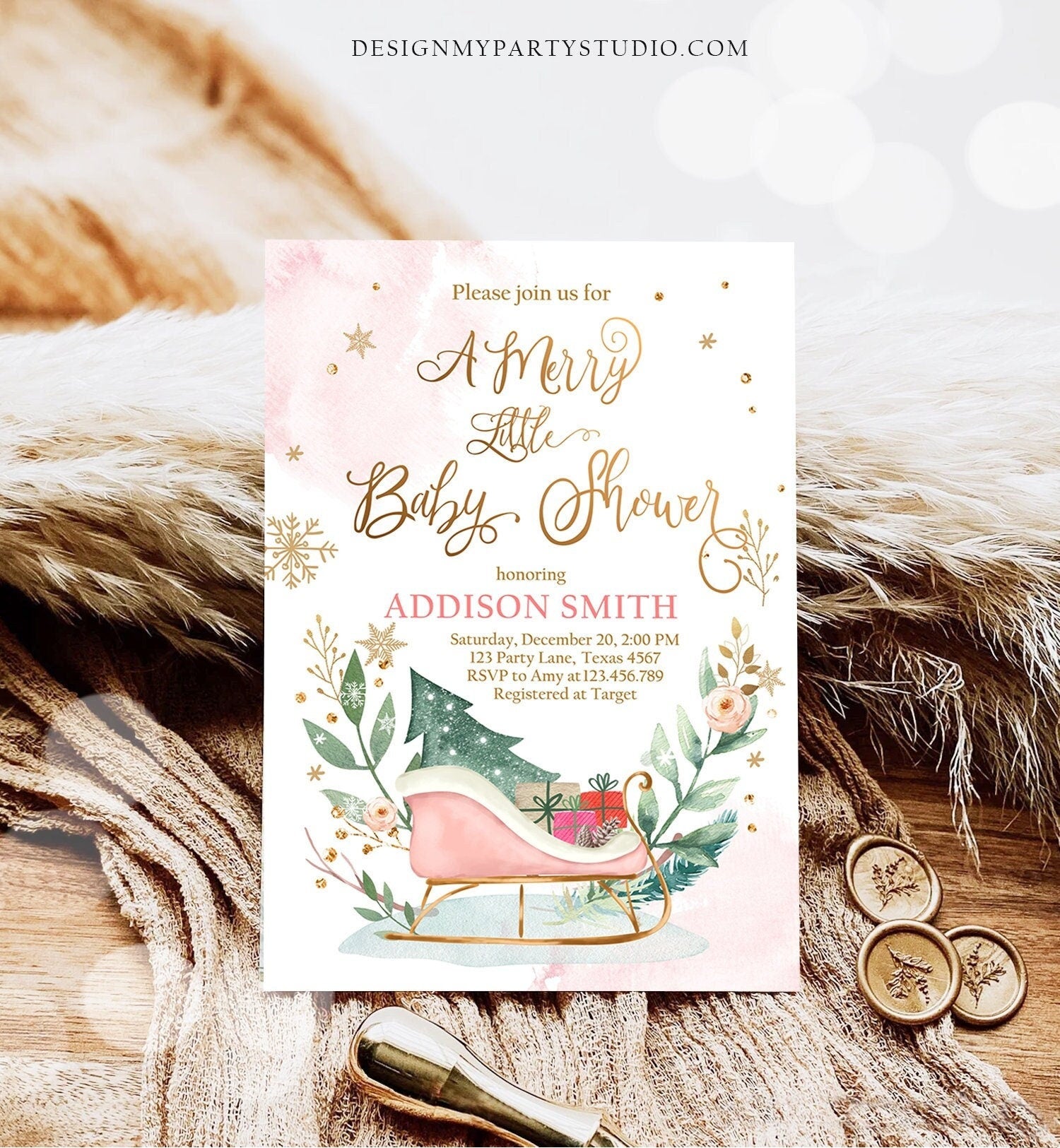 Editable Winter Baby Shower Invitation Pink Girl Christmas Merry Little Sleigh Watercolor Digital Download Evite Template Printable 0353