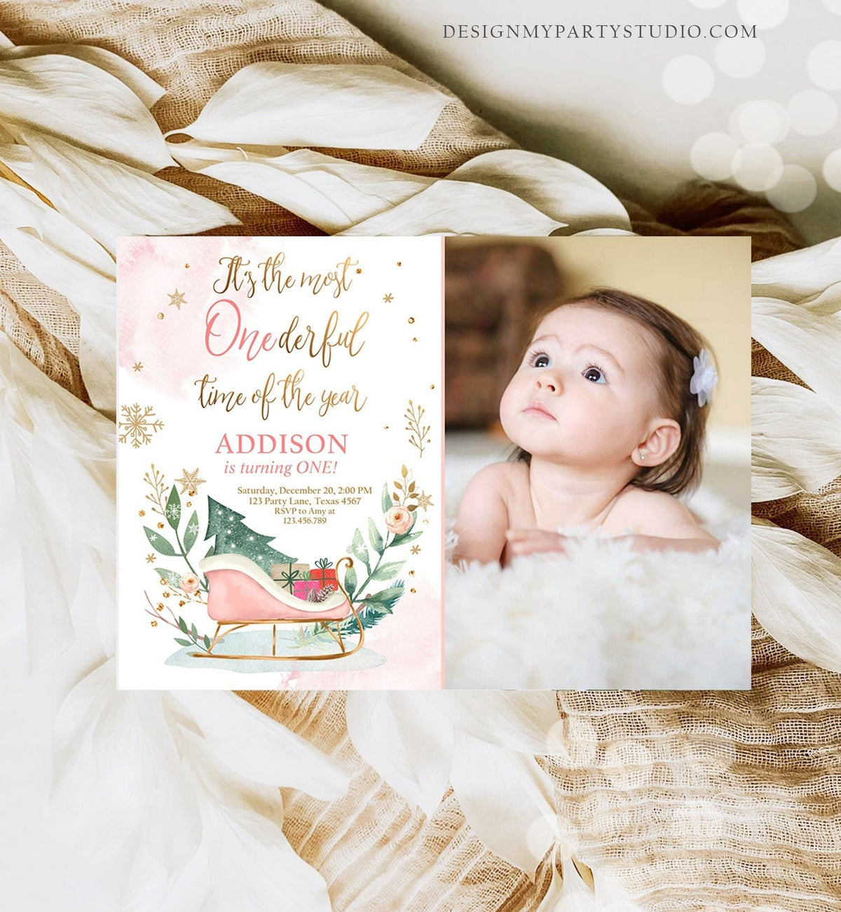 Editable Most Onederful Time of The Year 1st Birthday Invitation Winter Christmas Party Sleigh Trees Girl Digital Template Printable 0353