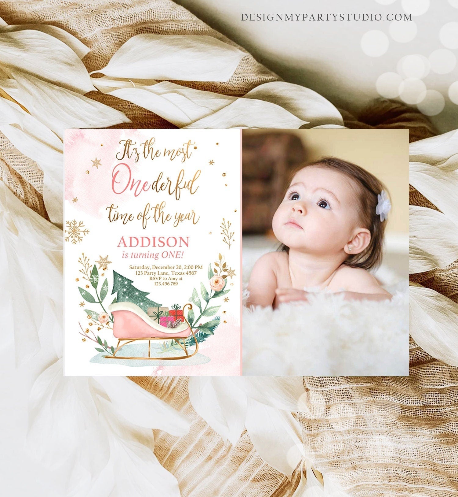 Editable Most Onederful Time of The Year 1st Birthday Invitation Winter Christmas Party Sleigh Trees Girl Digital Template Printable 0353