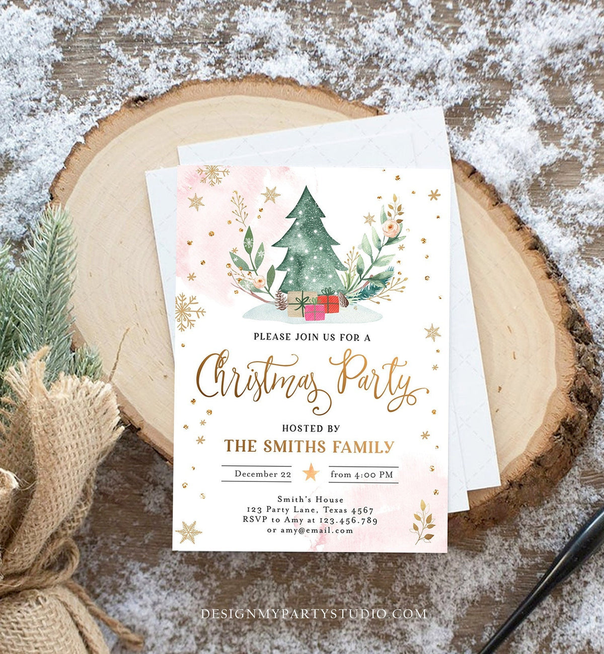 Editable Christmas Party Invitation Holiday Company It&#39;s Cold Outside Business Family Pink Gold Tree Digital Evite Template Printable 0353