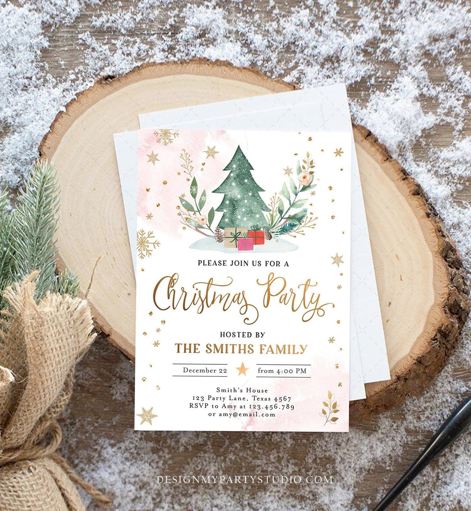 Editable Christmas Party Invitation Holiday Company It's Cold Outside Business Family Pink Gold Tree Digital Evite Template Printable 0353