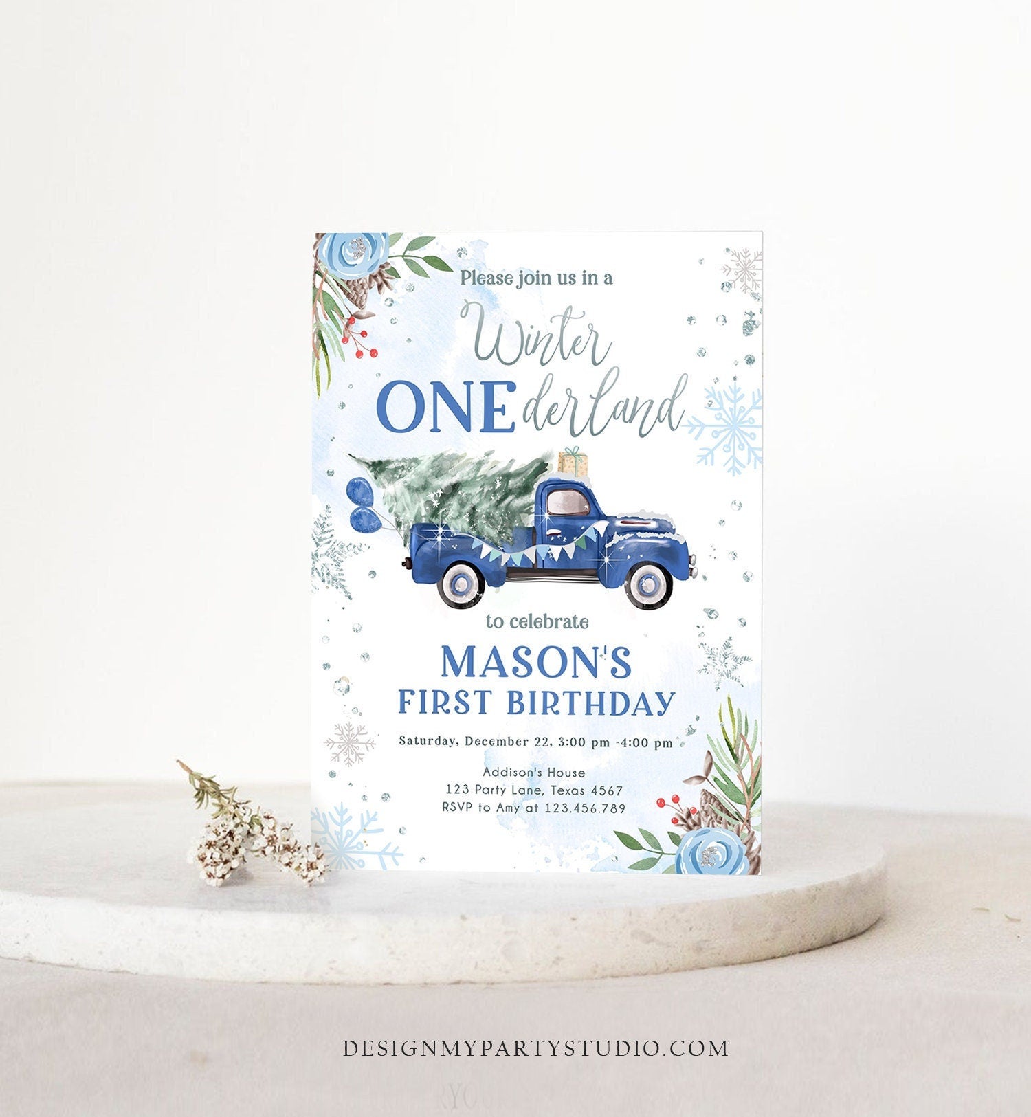 Editable Winter Onederland Winter First Birthday Invitation 1st Blue Boy Silver Floral Truck Christmas Digital Evite Template Printable 0356
