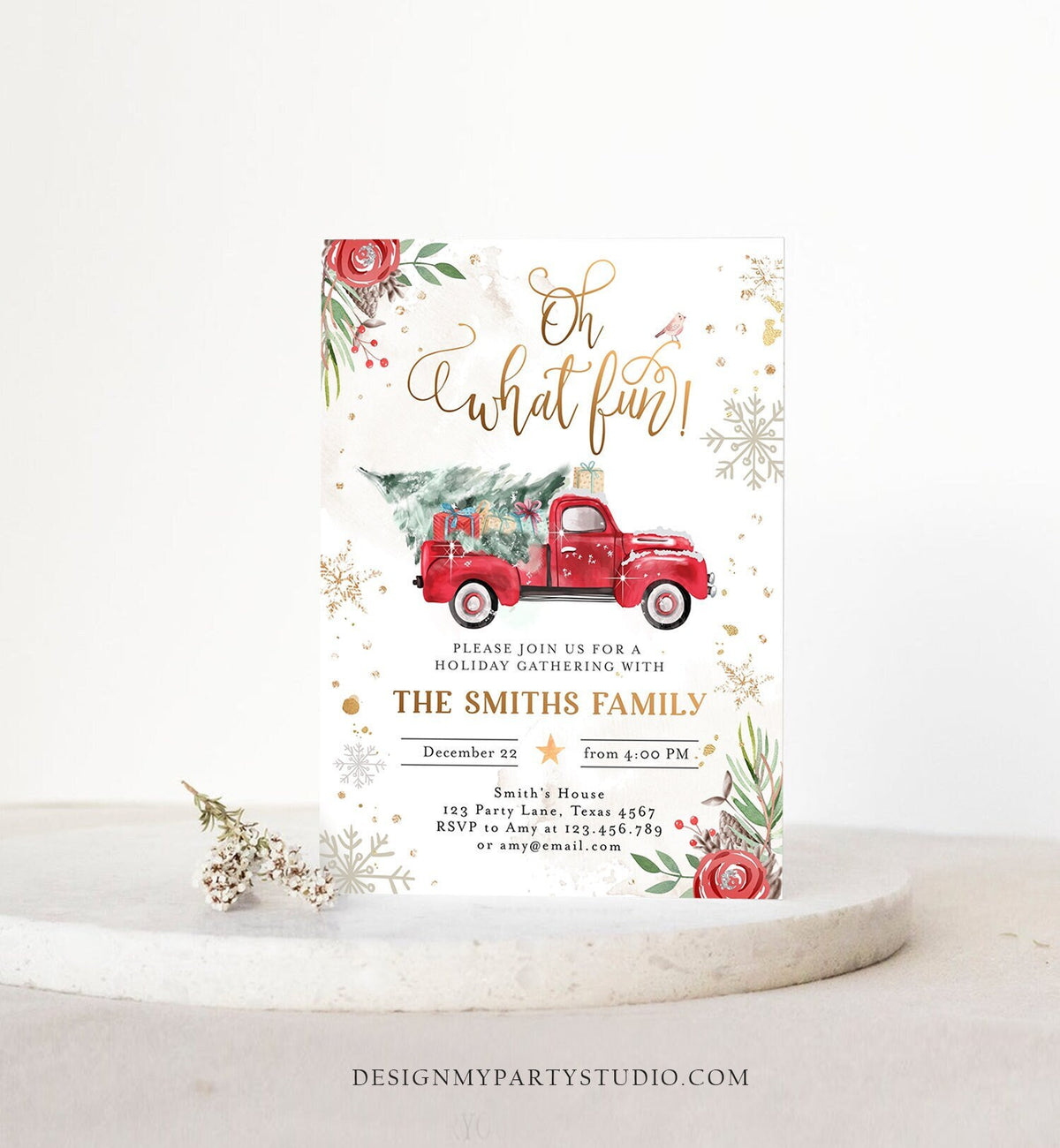 Editable Oh What Fun! Holiday Party Christmas Party Invitation Red Truck Tree Winter Birthday Digital Download Evite Template Printable 0356