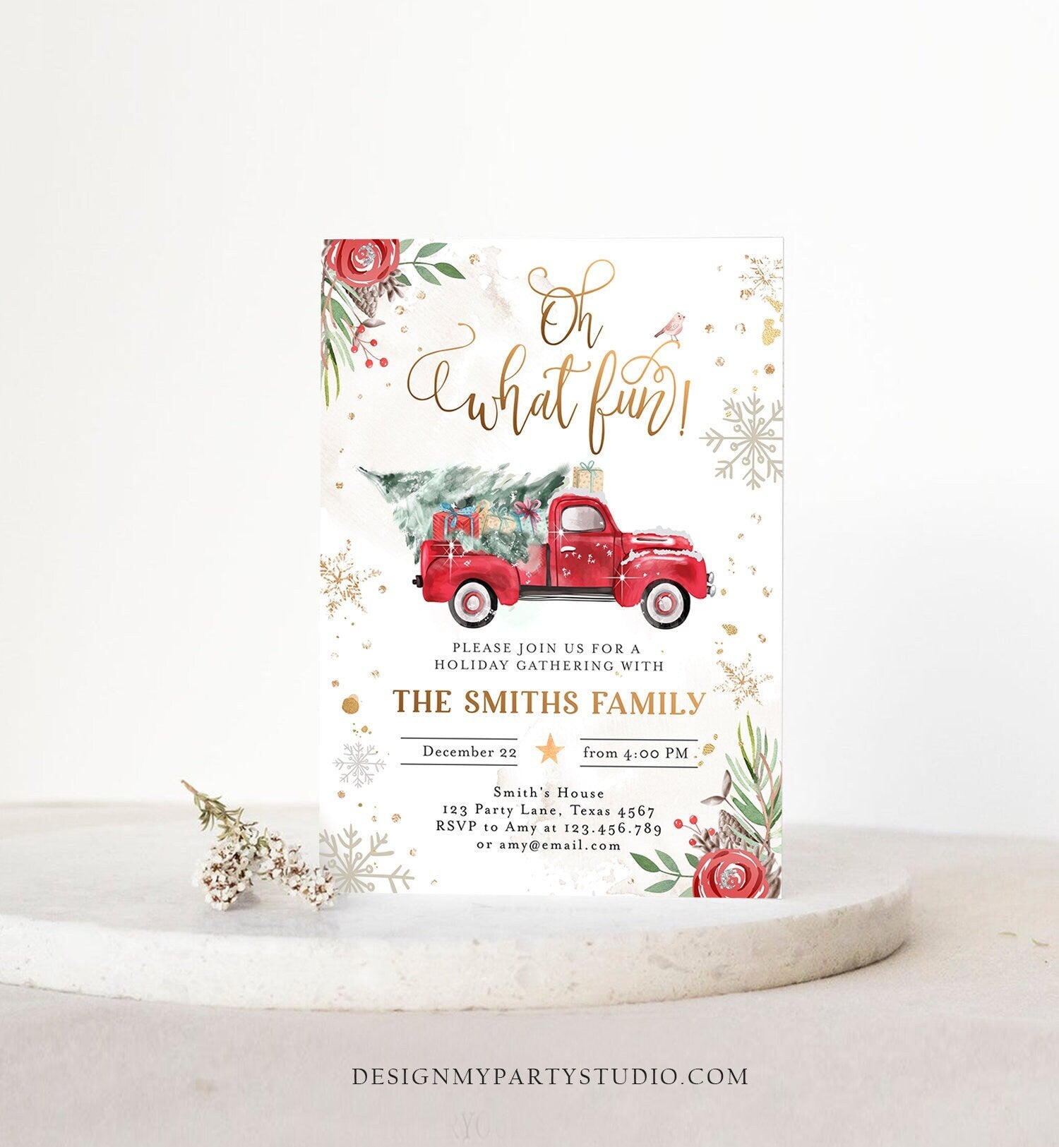 Editable Oh What Fun! Holiday Party Christmas Party Invitation Red Truck Tree Winter Birthday Digital Download Evite Template Printable 0356