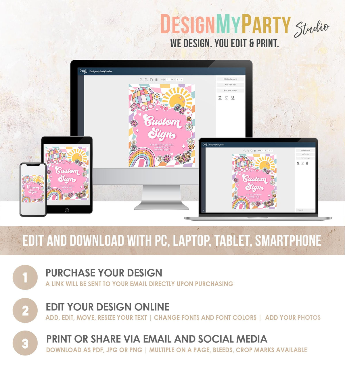 Editable Custom Sign Retro Groovy Birthday Party Groovy Baby Shower Decor Daisy Floral Peace Love Hippie 70s Digital Template Printable 0524