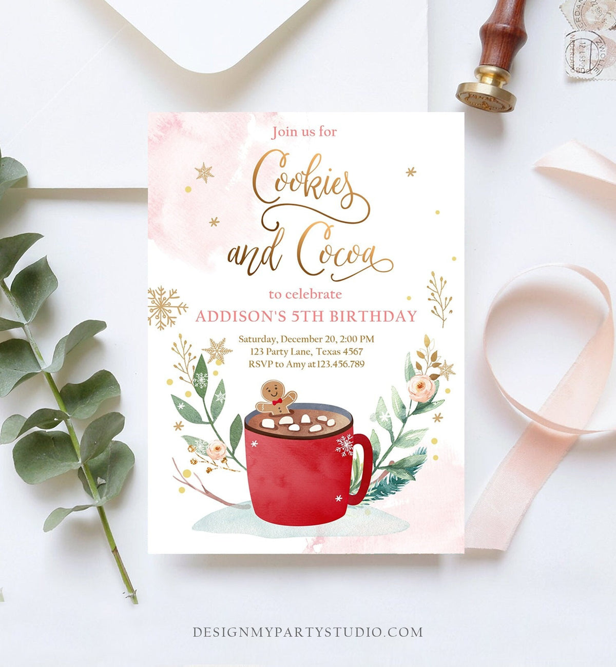 Editable Cookies and Cocoa Invitation Hot Cocoa Party Chocolate Christmas Birthday Girl Pink Gold Digital Download Template Printable 0353