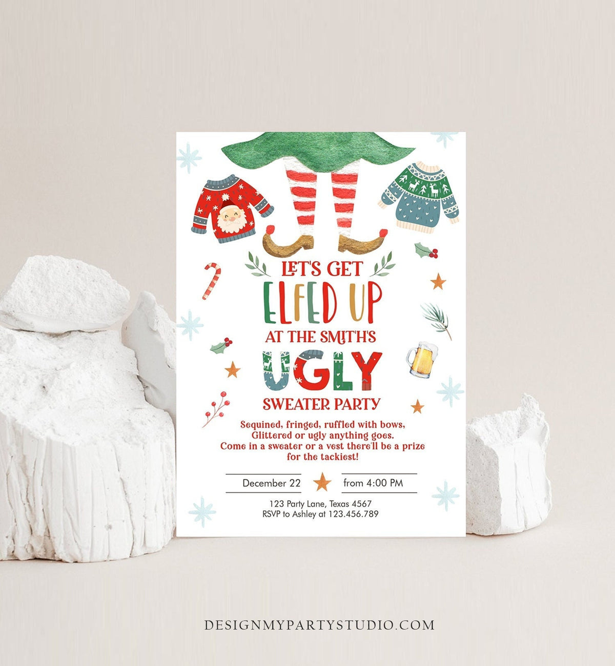 Editable Let&#39;s Get Elfed Up Christmas Party Invitation Framily Holiday Ugly Sweater Digital Evite Elf Digital Template Printable 0354