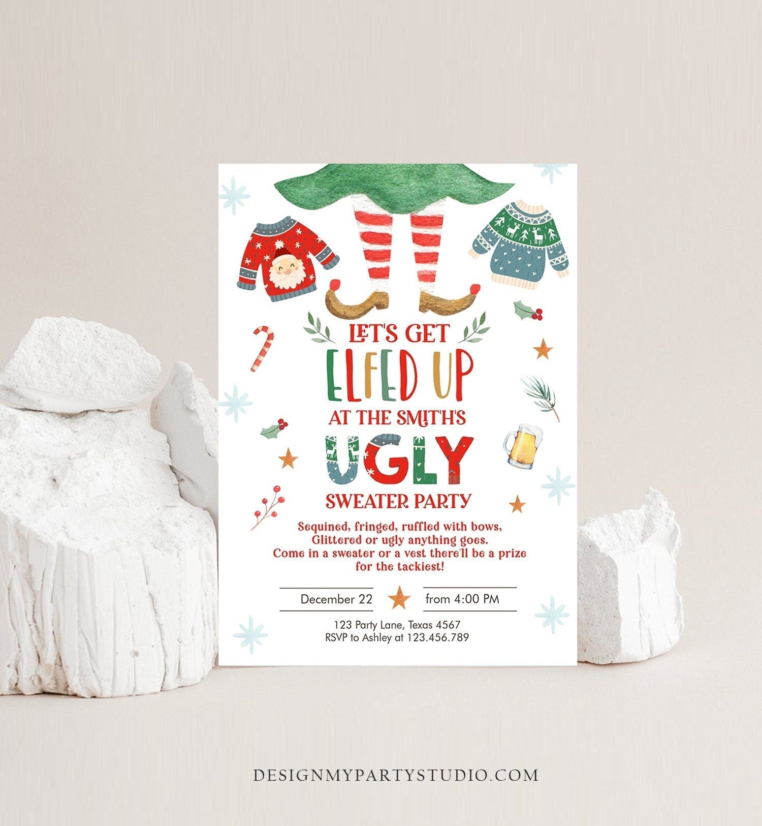 Editable Let's Get Elfed Up Christmas Party Invitation Framily Holiday Ugly Sweater Digital Evite Elf Digital Template Printable 0354