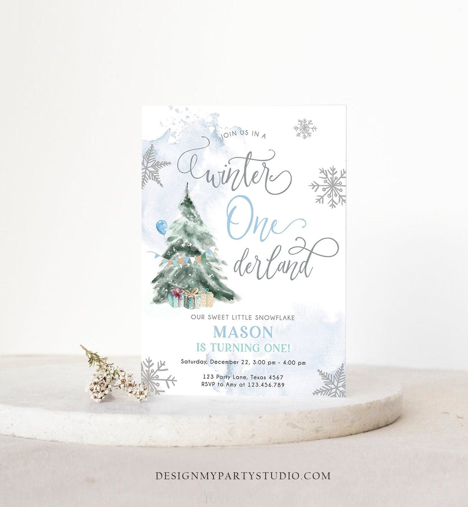 Editable Winter ONEderland Birthday Invitation First Birthday 1st Boy Watercolor Tree Christmas Snowflake Digital Template Printable 0363