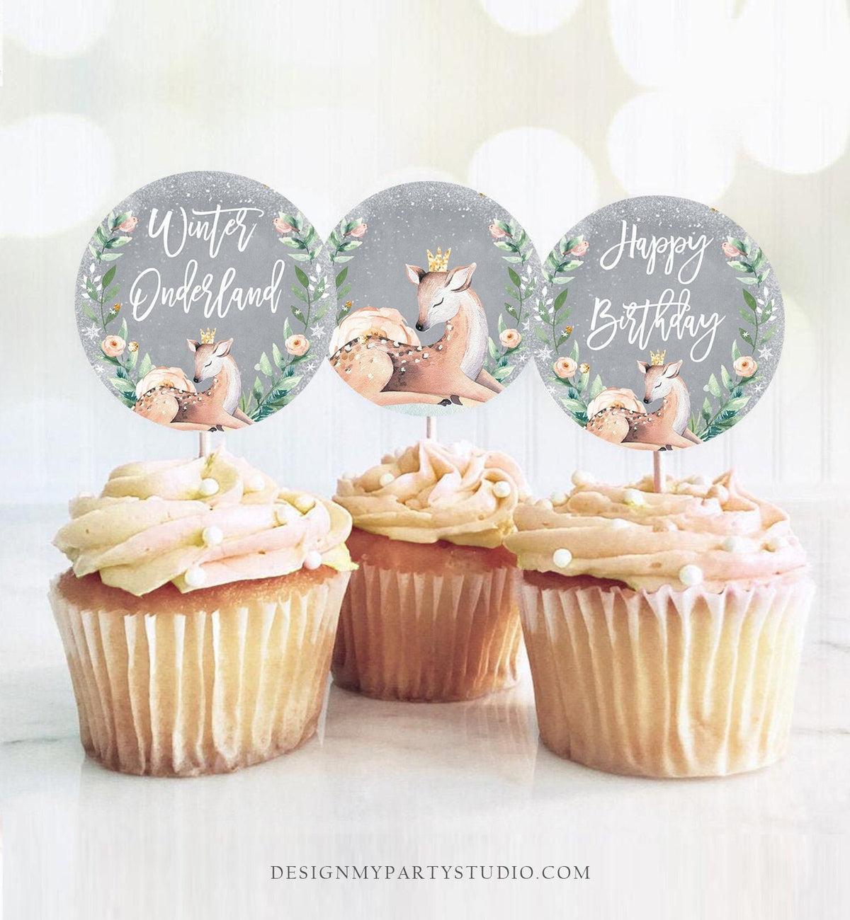 Winter Deer Cupcake Toppers Winter Onederland Birthday Party Decorations Oh What Fun Girl Pink Stickers Tags Digital Download Printable 0265