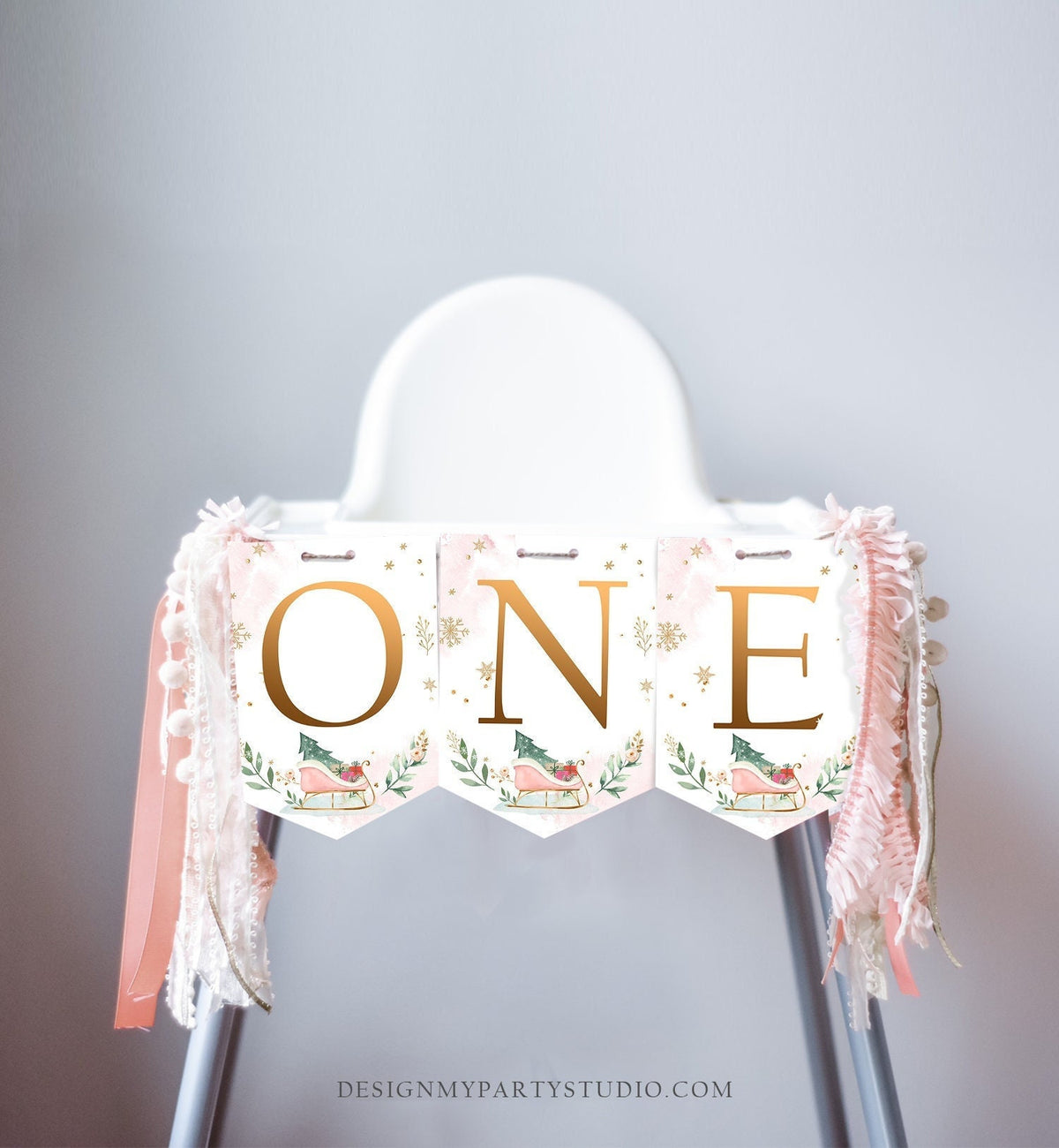 One High Chair Banner Winter Onederland Girl 1st First Birthday Pink Christmas Birthday Oh What Fun ONE Sleigh Decor Digital Printable 0353
