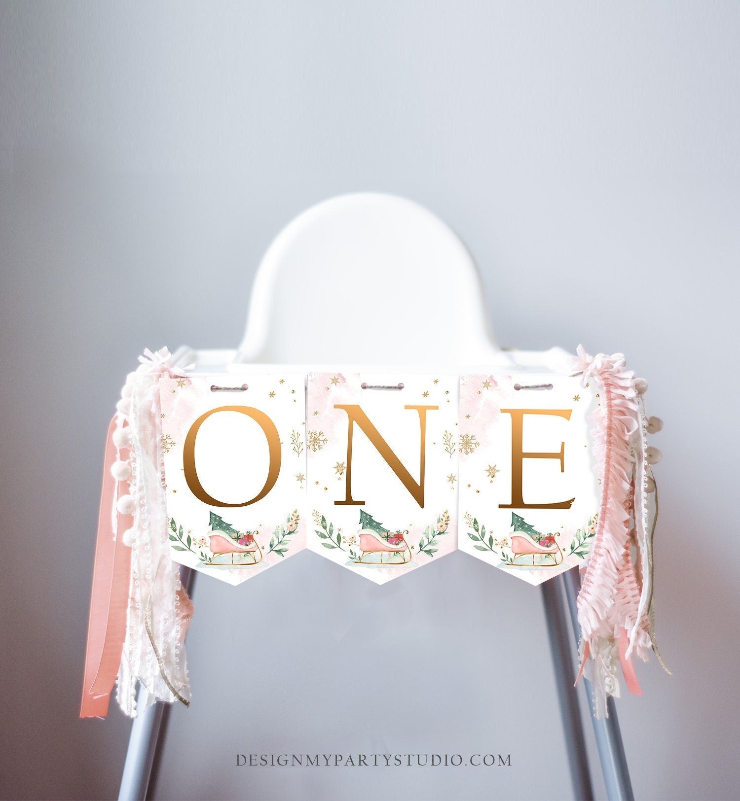One High Chair Banner Winter Onederland Girl 1st First Birthday Pink Christmas Birthday Oh What Fun ONE Sleigh Decor Digital Printable 0353