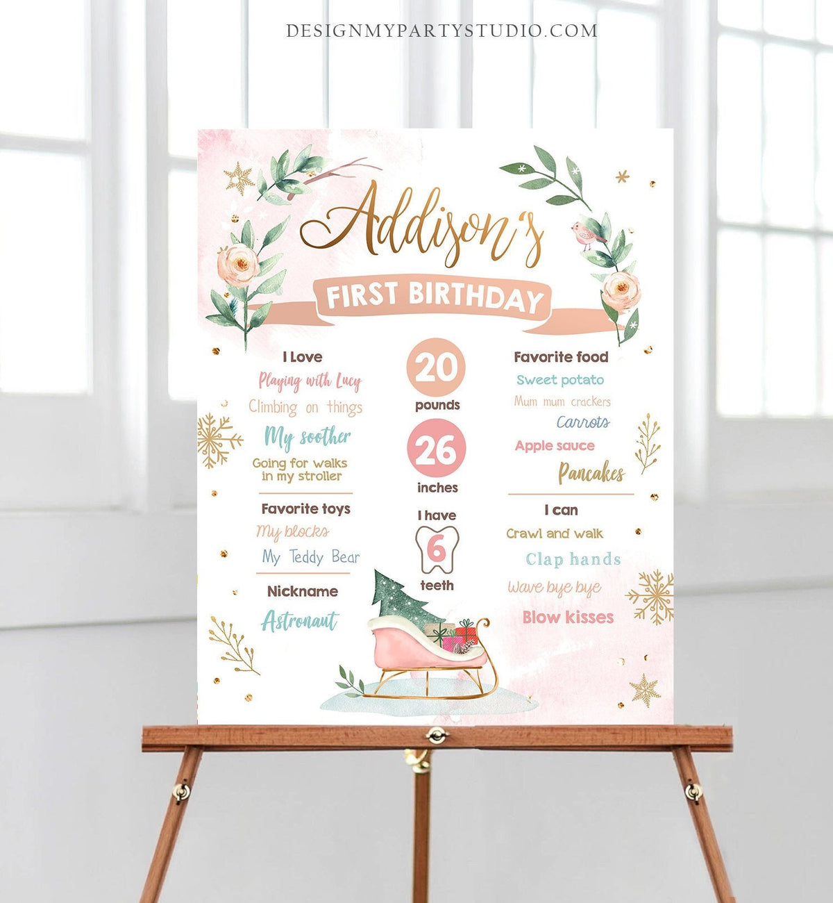 Editable Winter Sleigh Birthday Milestones Sign Girl First Birthday 1st Birthday Little Snowflake Onederland Digital Template Printable 0353