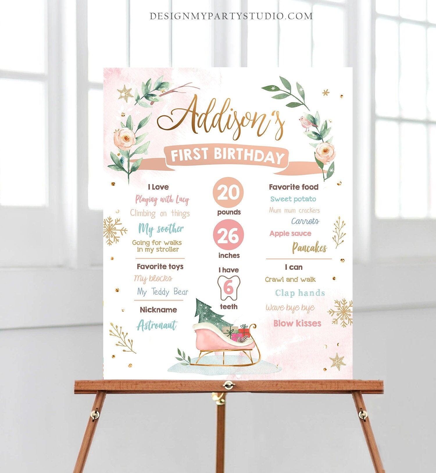 Editable Winter Sleigh Birthday Milestones Sign Girl First Birthday 1st Birthday Little Snowflake Onederland Digital Template Printable 0353