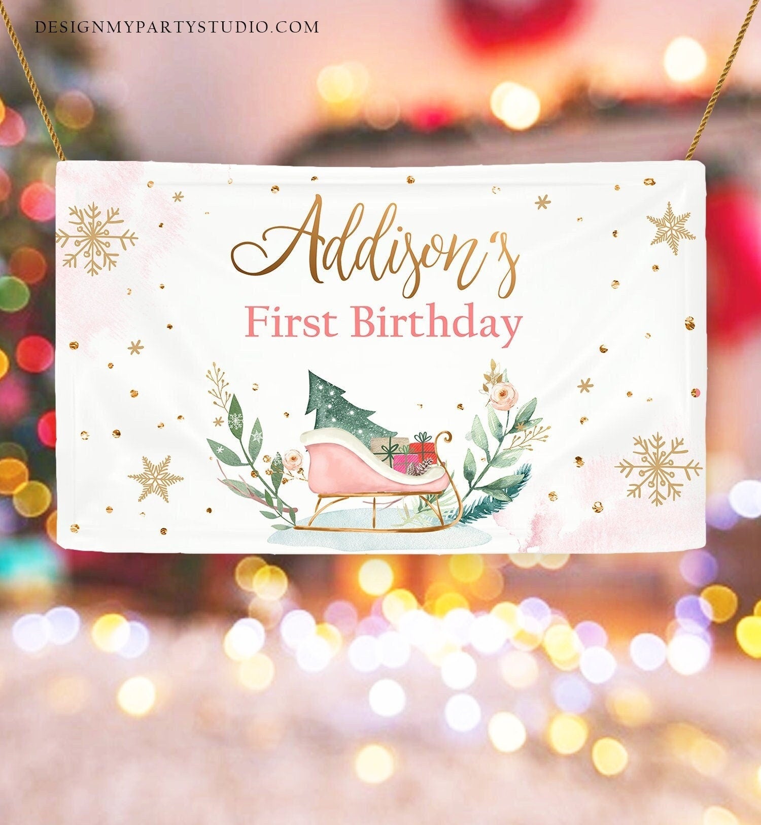 Editable Winter Birthday Backdrop Banner Pink Gold Winter Onederland Decor Girl Sleigh Christmas Digital Download Template Printable 0353