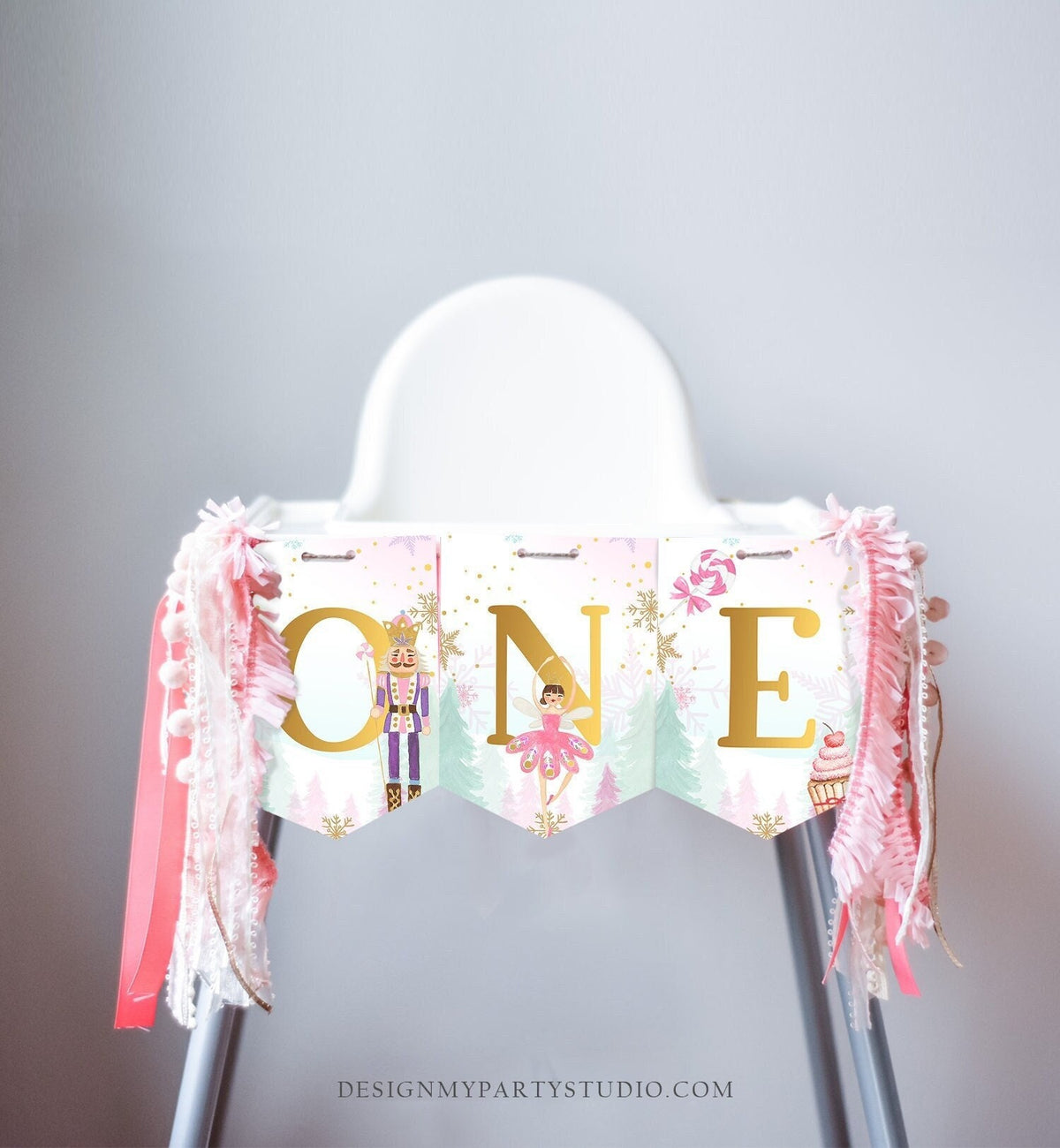 High Chair Banner Nutcracker Birthday Girl Land of Sweets Nutcracker Decor 1st Pink First Magical Winter Digital Download Printable 0352