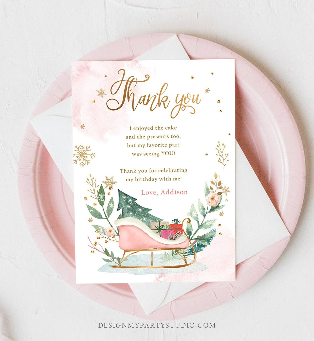 Editable Sleigh Winter Tree Thank You Card Birthday Watercolor Baby Its Cold Outside Baby Shower Pink Girl Digital Template Printable 0353