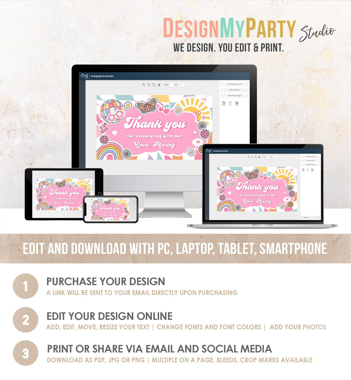 Editable Groovy Birthday Party Gable Box Favor Label Hippie 70&#39;s Gift Box Boho Rainbow Daisy Peace Love Digital Template Printable 0524