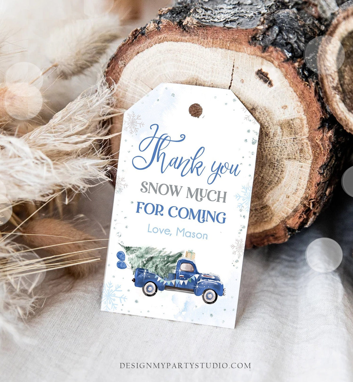 Editable Winter Onederland Favor Tag Christmas Tree Thank You Snow Much Blue Truck Birthday 1st Gift Tag Boy Digital Template Printable 0495