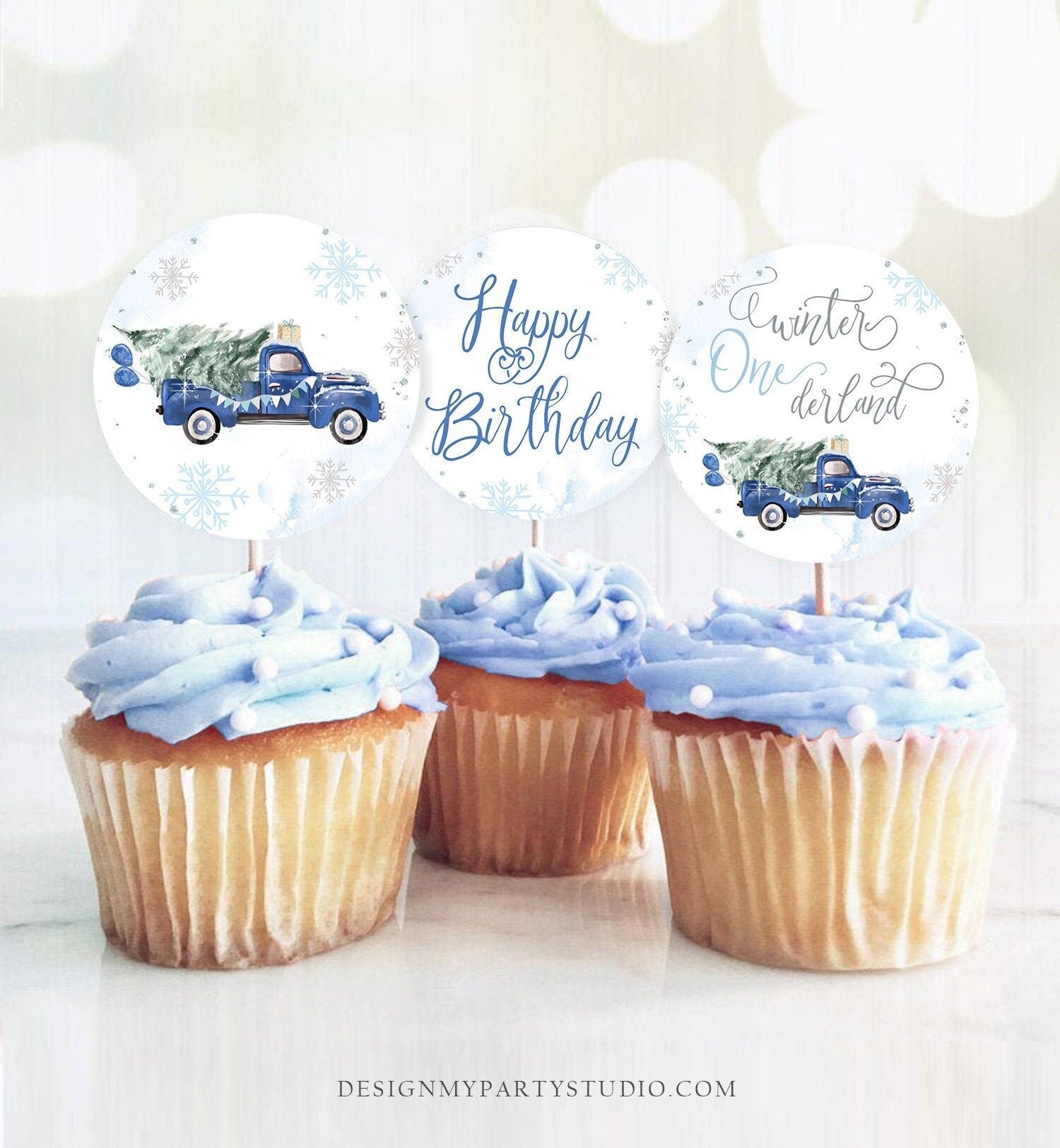 Winter Truck Cupcake Toppers Winter ONEderland Tree Boy First Birthday Party Decor Blue Truck Stickers Tags Digital Download Printable 0495