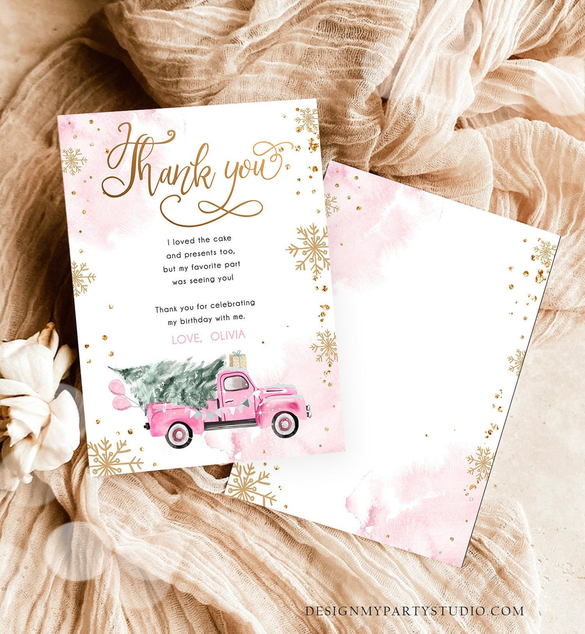 Editable Winter Truck Thank You Card Girl Birthday Winter Onederland Pink Truck Tree Christmas Snowflake Digital Template Printable 0495