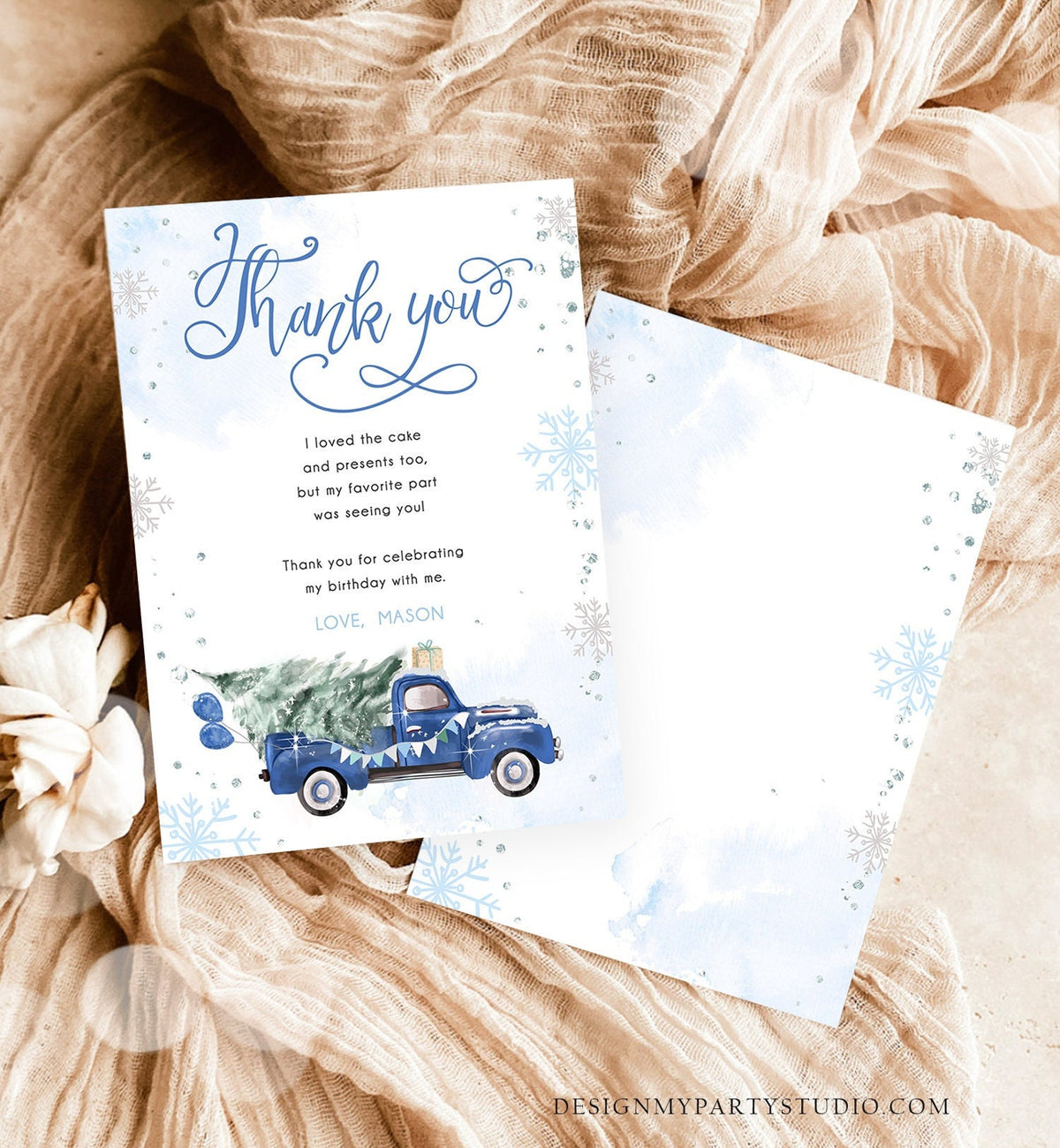 Editable Winter Truck Thank You Card Boy Birthday Winter Onederland Blue Truck Tree Christmas Snowflake Digital Template Printable 0495