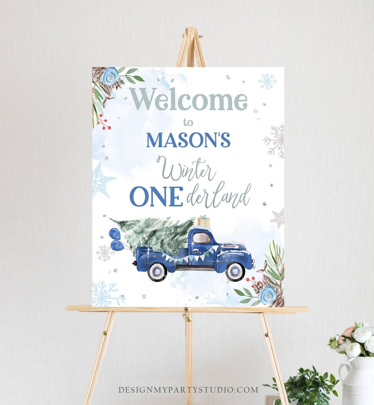 Editable Winter Onederland Welcome Sign Tree Blue Boy Silver First Birthday Snowflake Wonderland Truck Tree Digital Template Printable 0356