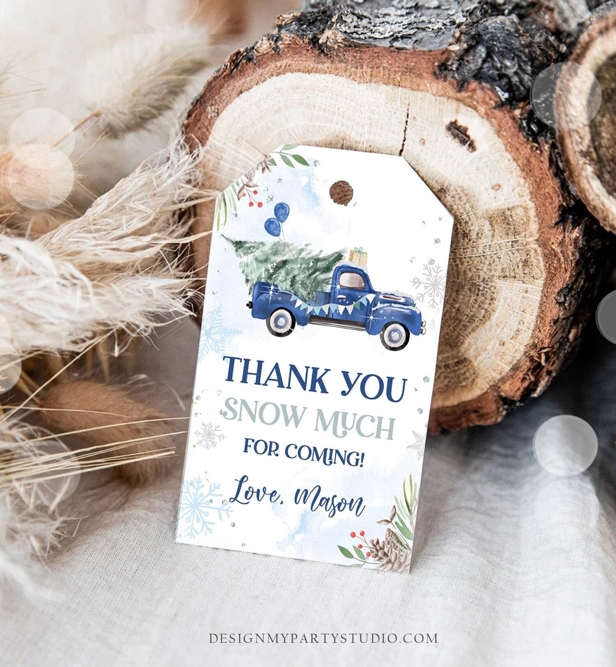 Editable Winter Onederland Favor Tag Christmas Tree Thank You Snow Much Blue Truck Birthday 1st Gift Tag Boy Digital Template Printable 0356