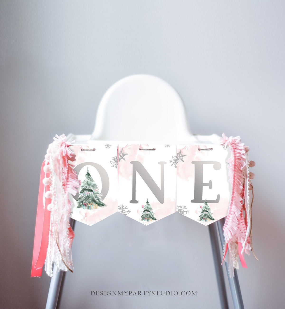 One High Chair Banner Winter Onederland Girl 1st First Birthday Pink Christmas Oh What Fun ONE Tree Decor Digital Download Printable 0363