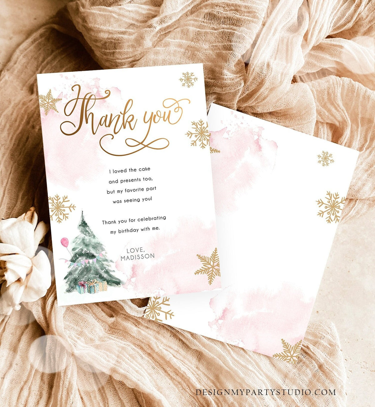 Editable Winter Tree Thank You Card Watercolor Birthday Winter Onederland Pink Gold Girl Christmas Snowflake Digital Template Printable 0363