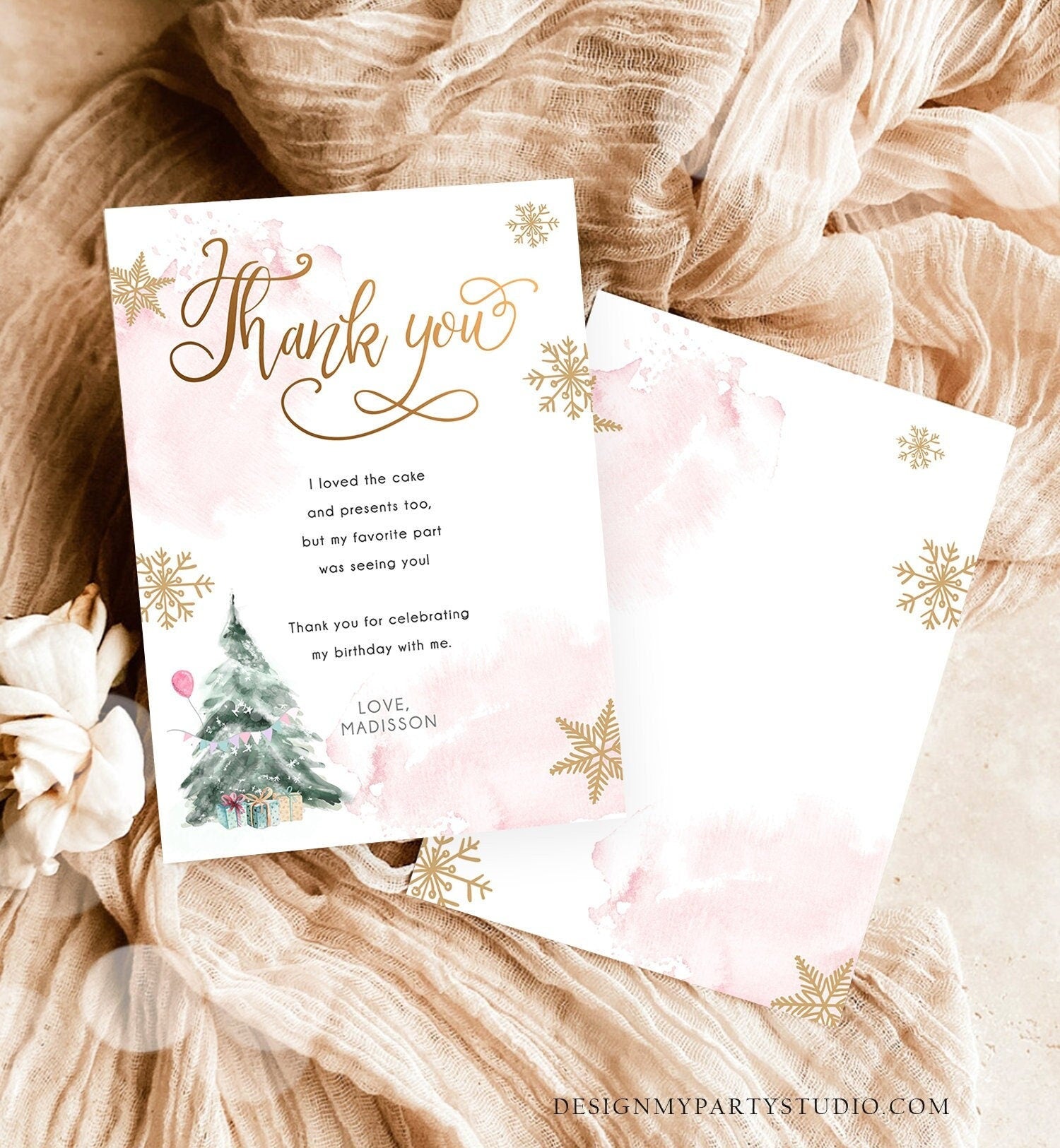 Editable Winter Tree Thank You Card Watercolor Birthday Winter Onederland Pink Gold Girl Christmas Snowflake Digital Template Printable 0363
