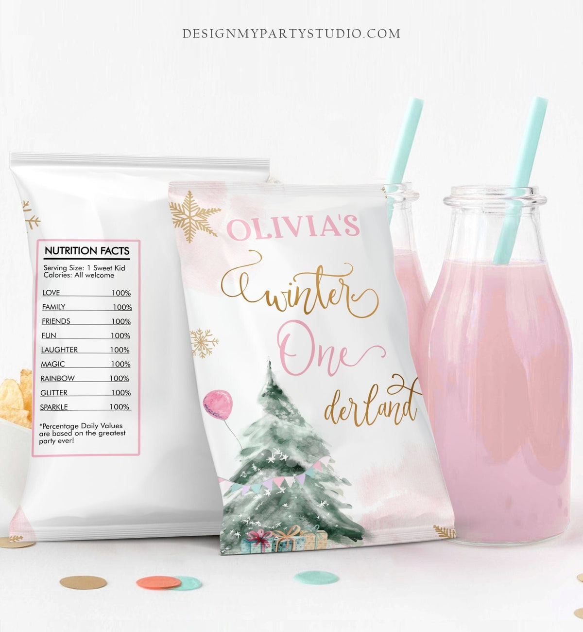 Editable Winter ONEderland Chip Bag Christmas Tree Snowflake Wonderland Girl Birthday Gold Party Favors Digital Template Printable 0363