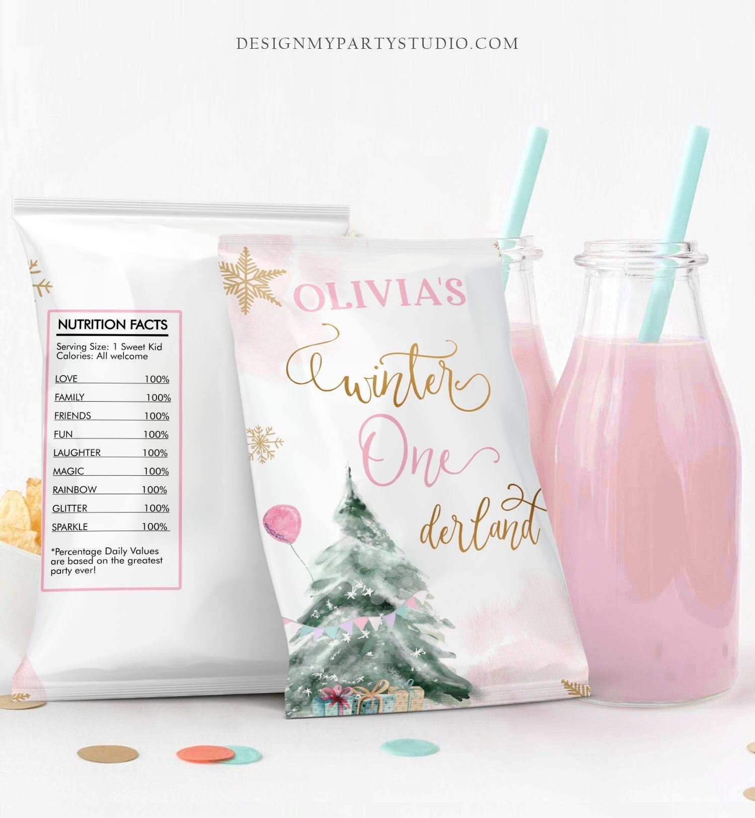 Editable Winter ONEderland Chip Bag Christmas Tree Snowflake Wonderland Girl Birthday Gold Party Favors Digital Template Printable 0363
