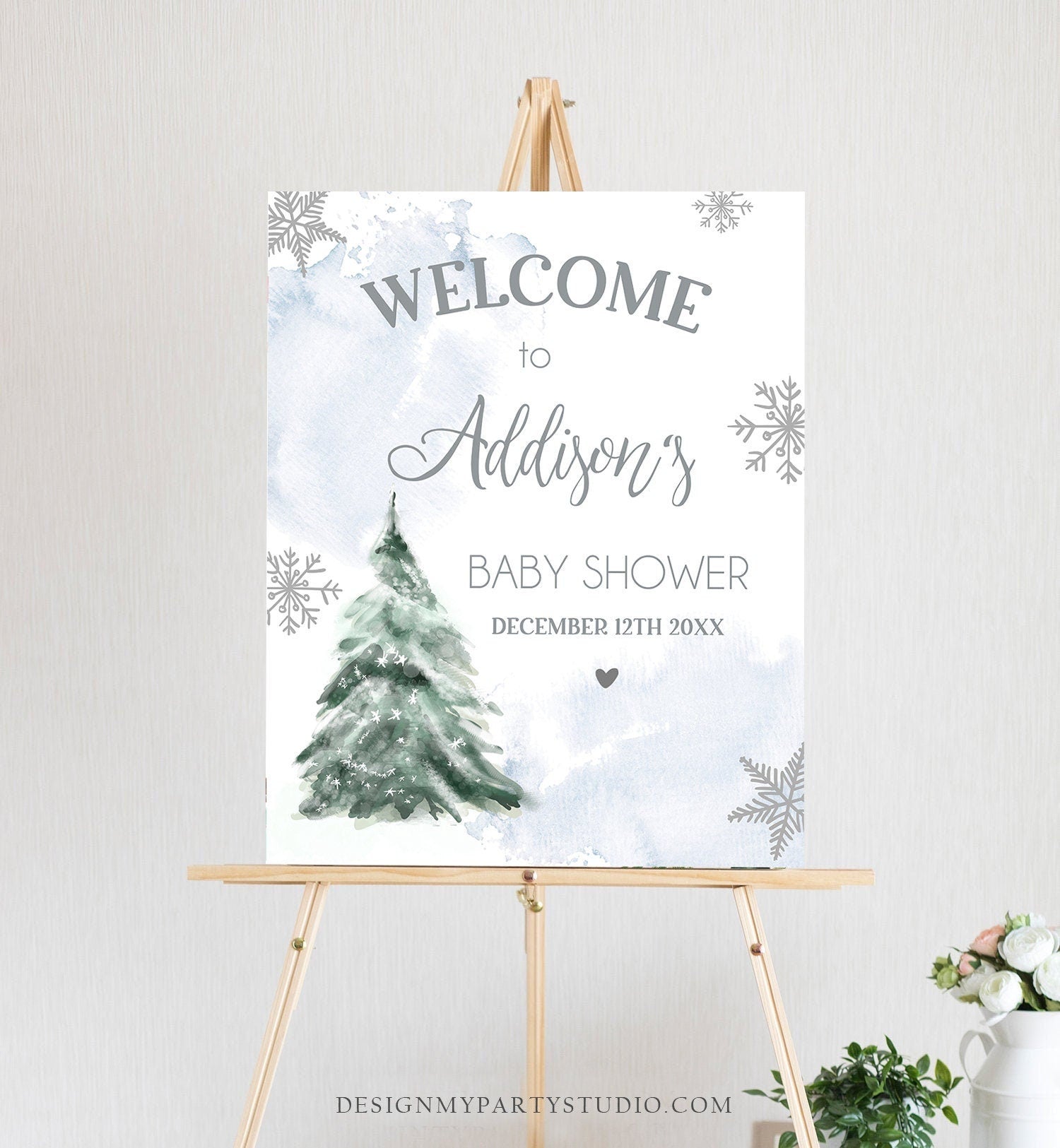 Editable Winter Tree Welcome Sign Tree Watercolor Baby Shower Boy Little Snowflake on the Way Wonderland Digital Template Printable 0363