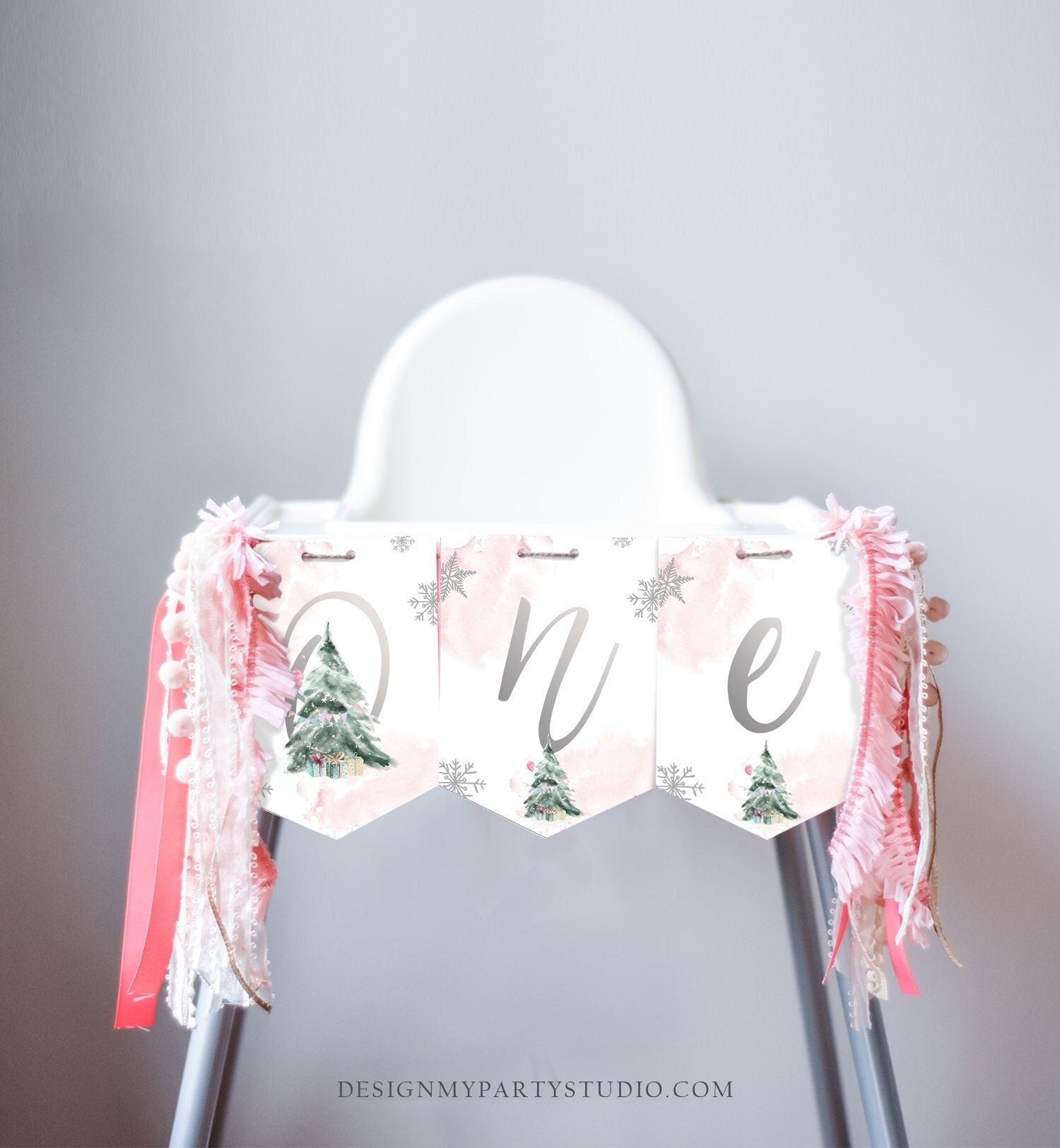 One High Chair Banner Winter Onederland Girl 1st First Birthday Pink Christmas Birthday Oh What Fun ONE Tree Decor Digital Printable 0363