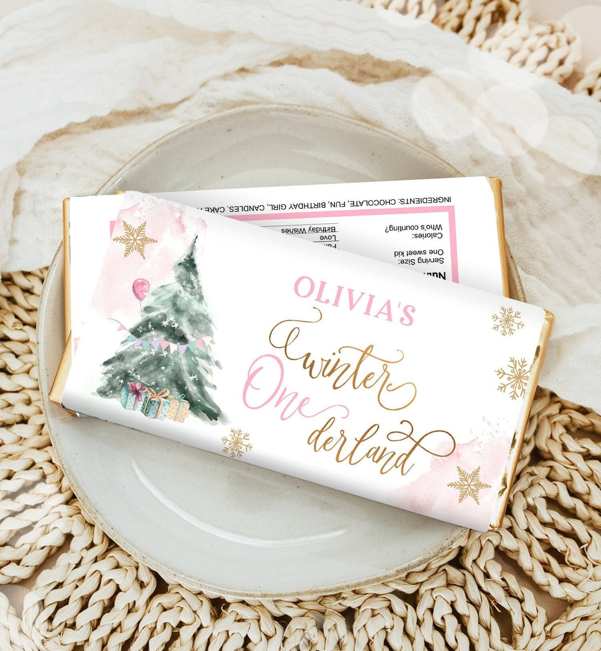 Editable Winter ONEderland Chocolate Bar Labels Candy Wrapper Girl First Birthday Christmas Tree Digital Download Template Printable 0363