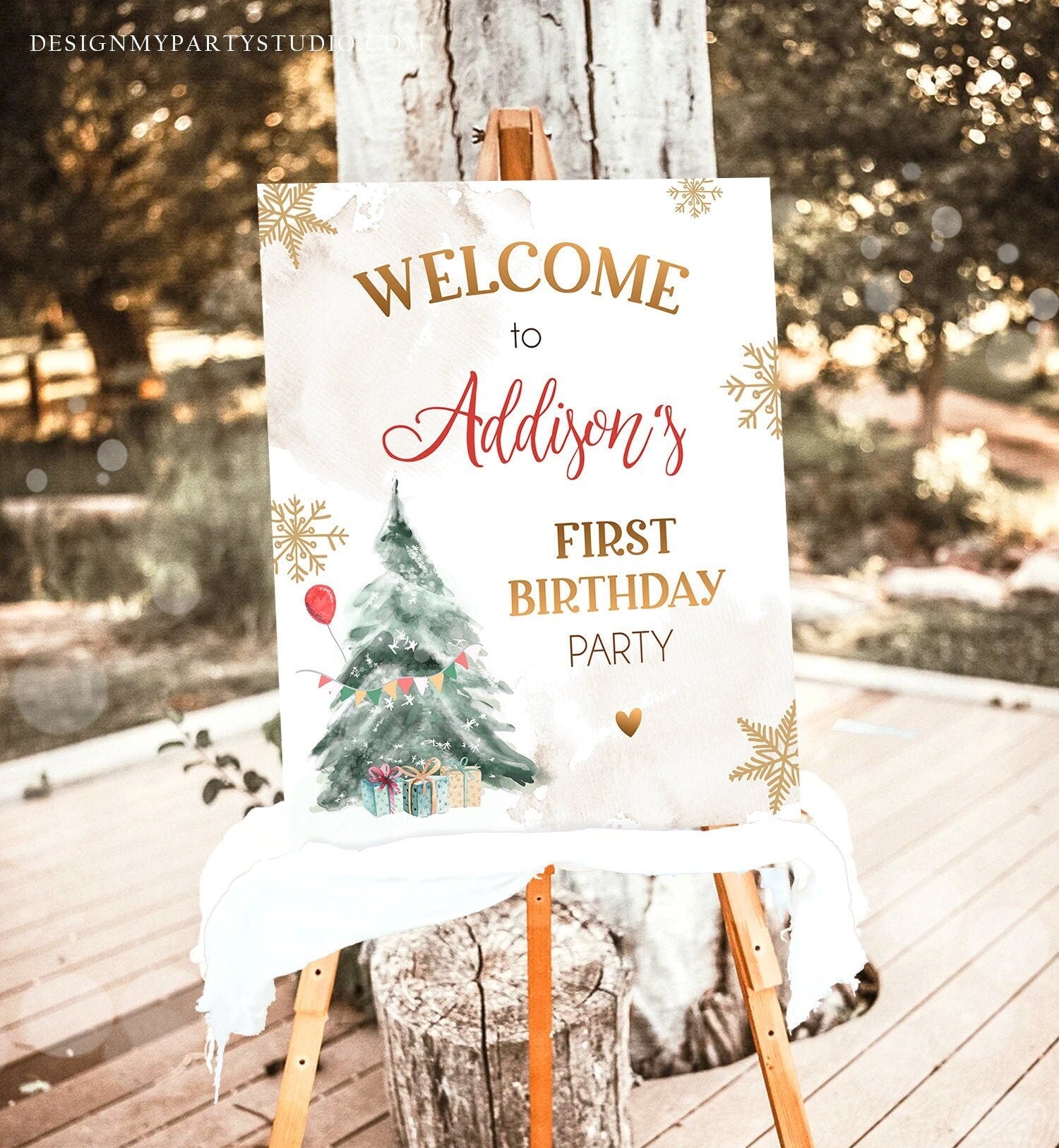 Editable Winter Onederland Welcome Sign Christmas Tree Watercolor First Birthday Neutral Red Gold Snowflake Digital Template Printable 0363