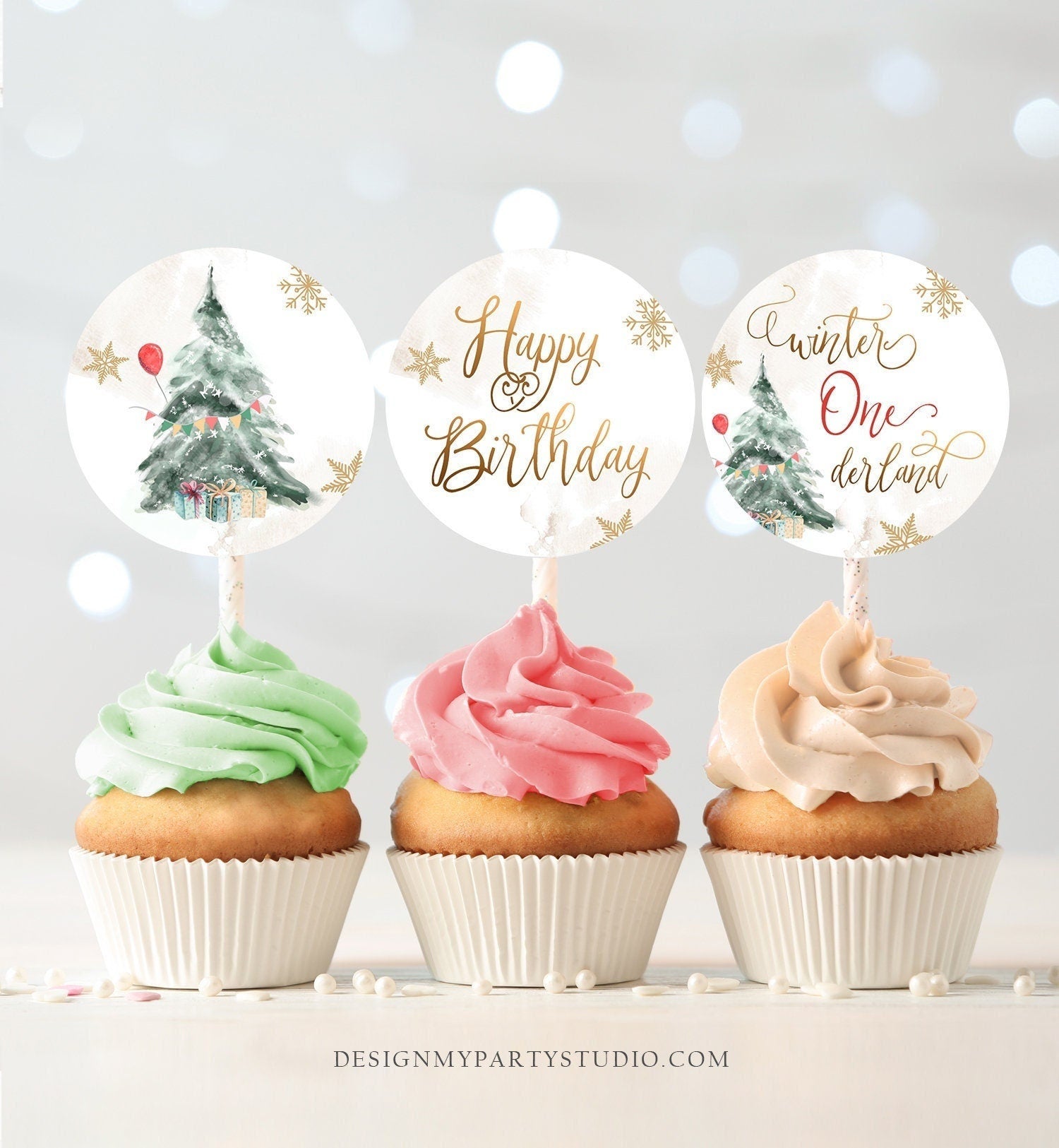 Winter ONEderland Cupcake Toppers Winter Tree Birthday Party Decorations Oh What Fun Gold Neutral Red Stickers Digital Printable 0363