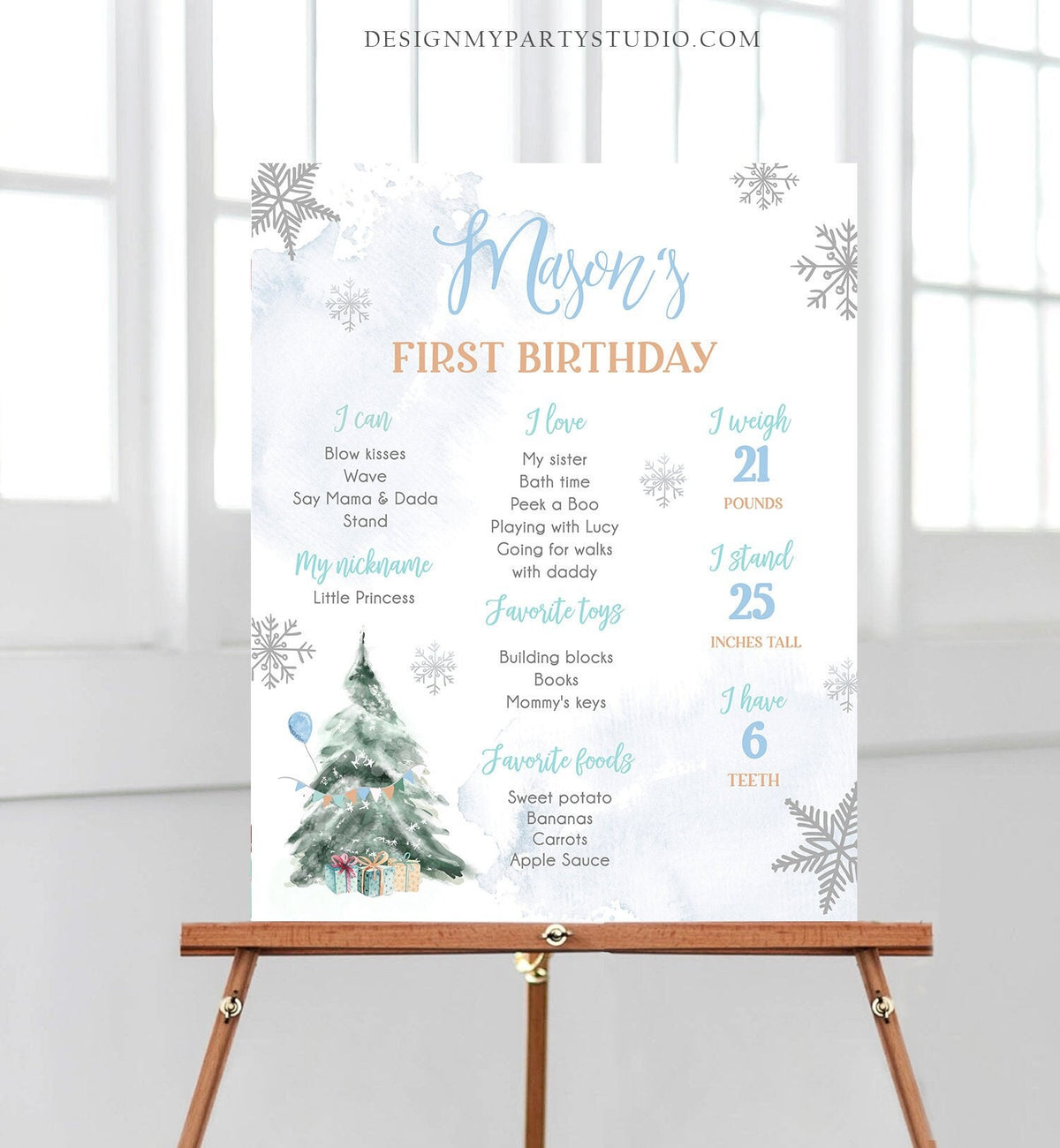 Editable Winter Tree Birthday Milestones Sign Onederland Watercolor First Birthday Blue Boy Snowflakes Digital Template Printable 0363
