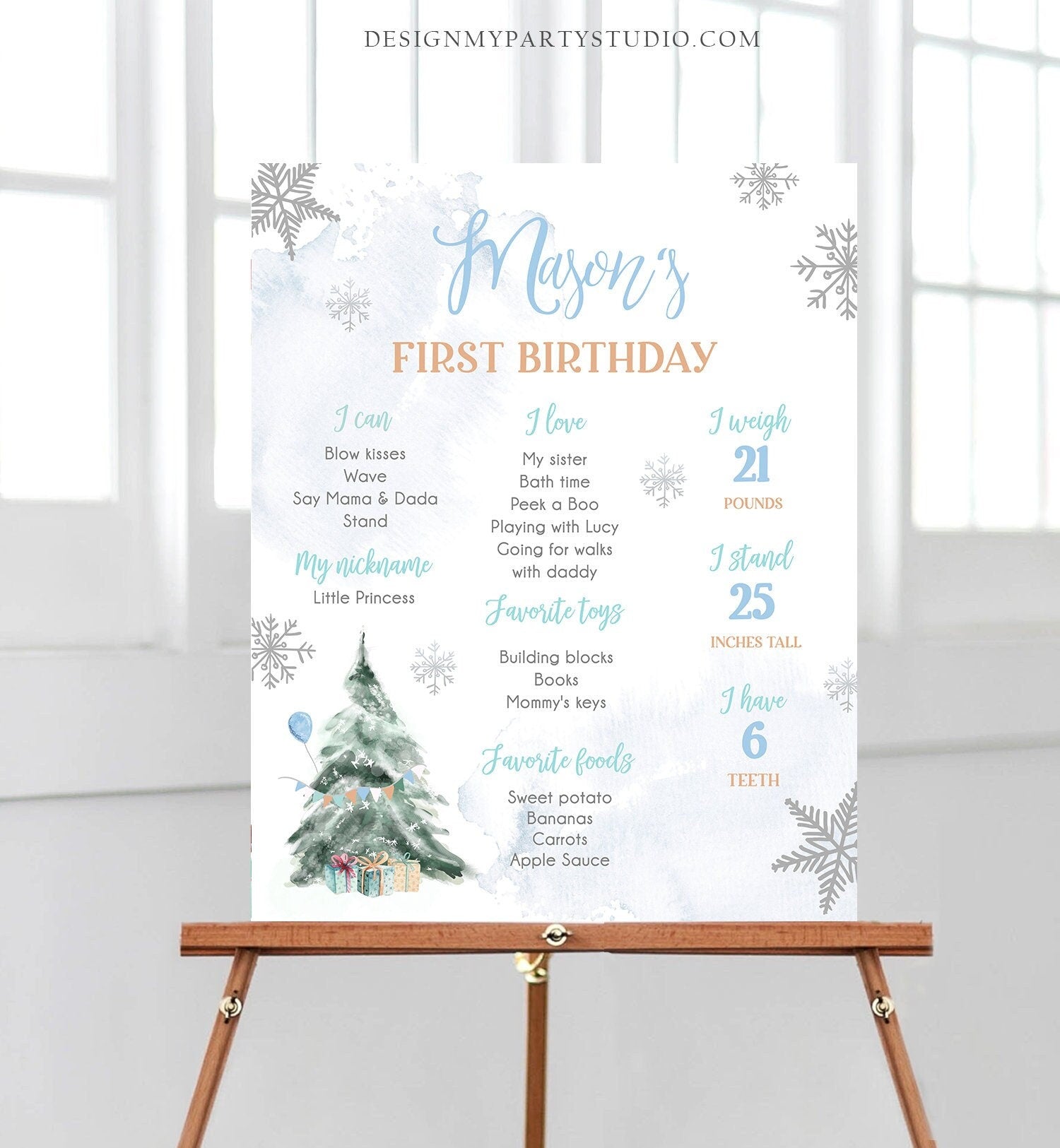 Editable Winter Tree Birthday Milestones Sign Onederland Watercolor First Birthday Blue Boy Snowflakes Digital Template Printable 0363