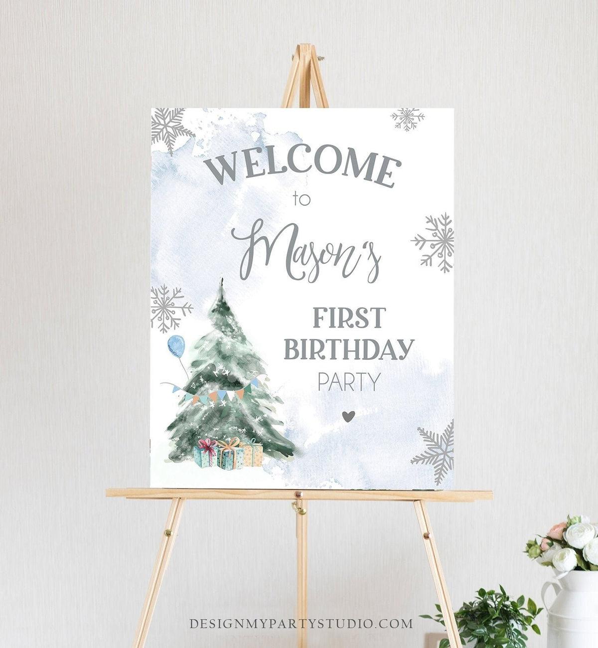 Editable Winter Onederland Welcome Sign Tree Watercolor First Birthday Boy Blue Snowflake Wonderland Digital Template Printable 0363