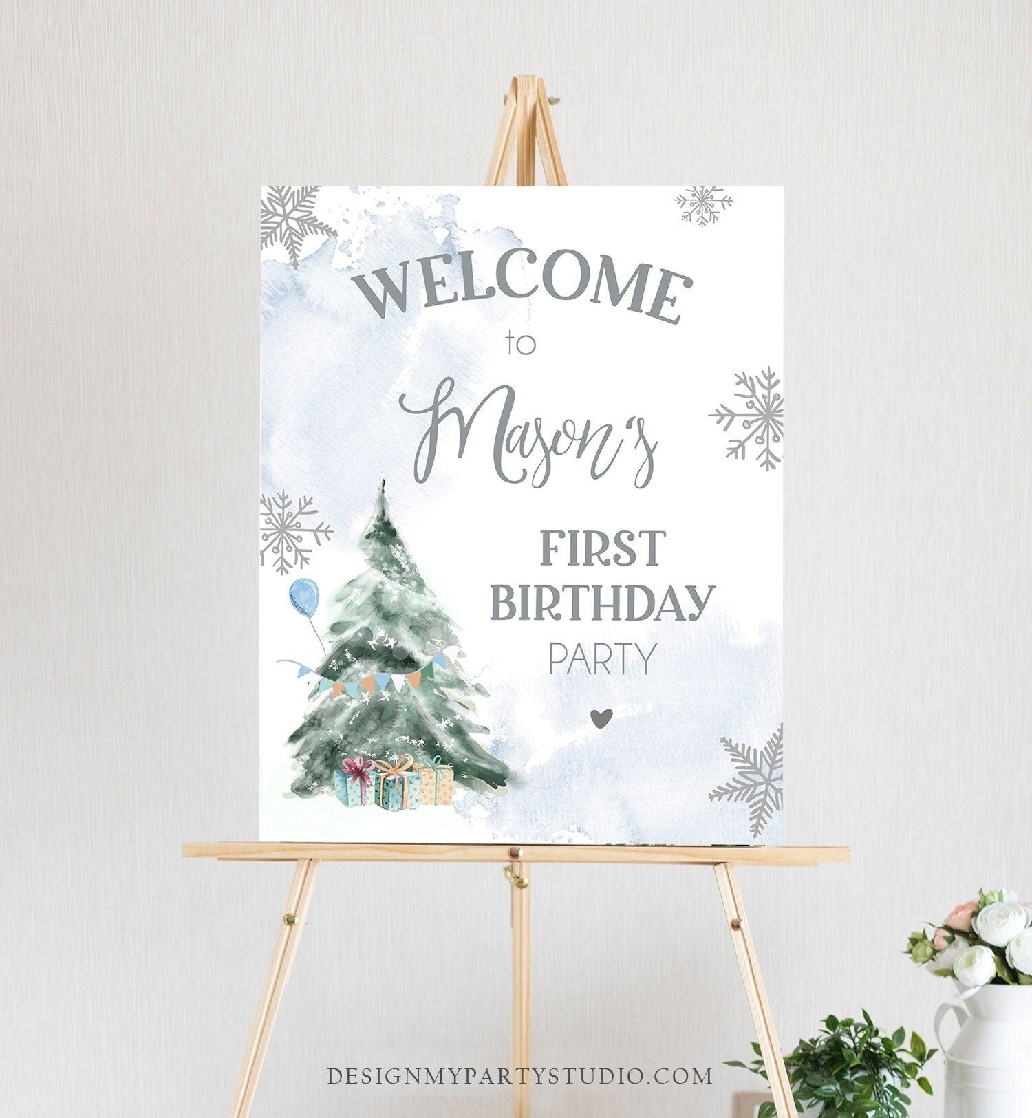 Editable Winter Onederland Welcome Sign Tree Watercolor First Birthday Boy Blue Snowflake Wonderland Digital Template Printable 0363